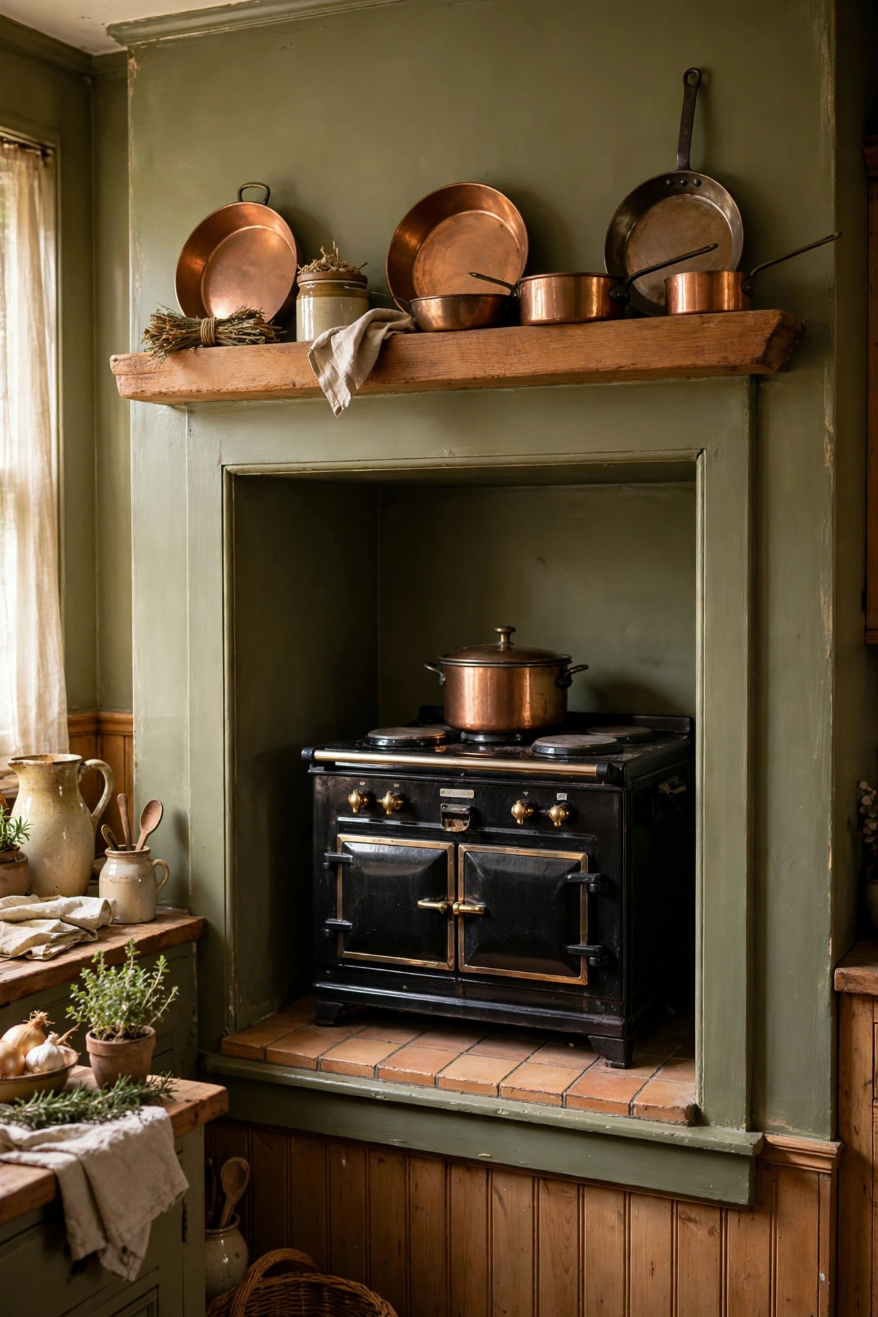 Olive painted alcove surround framing a cooker with mantel