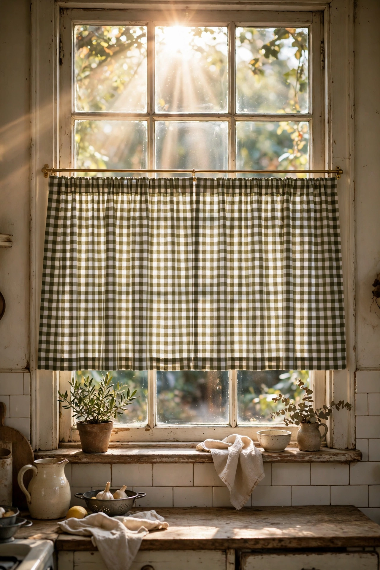 Olive gingham cafe curtains on brass rod in kitchen window