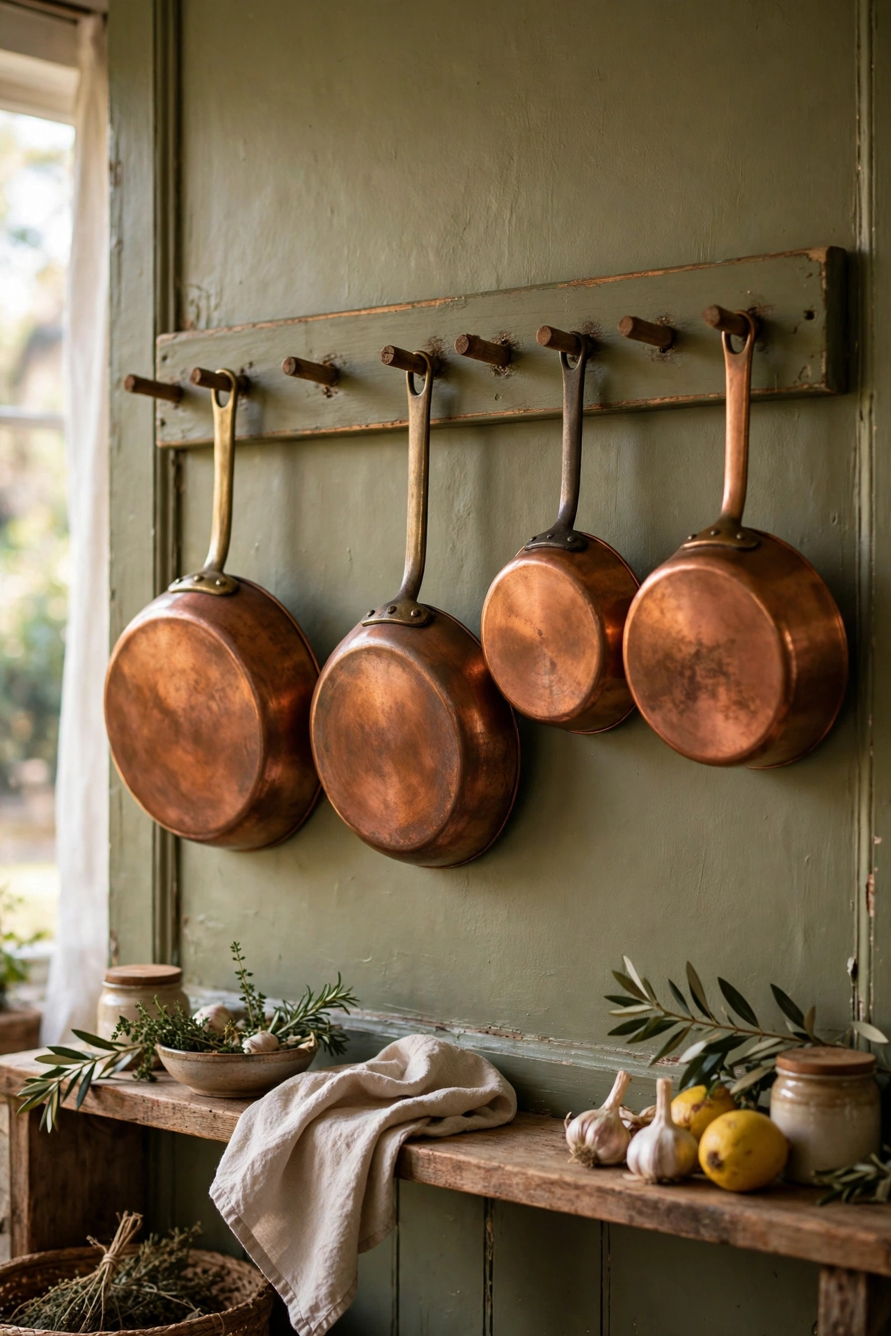 Copper pans hanging on olive green painted peg rail
