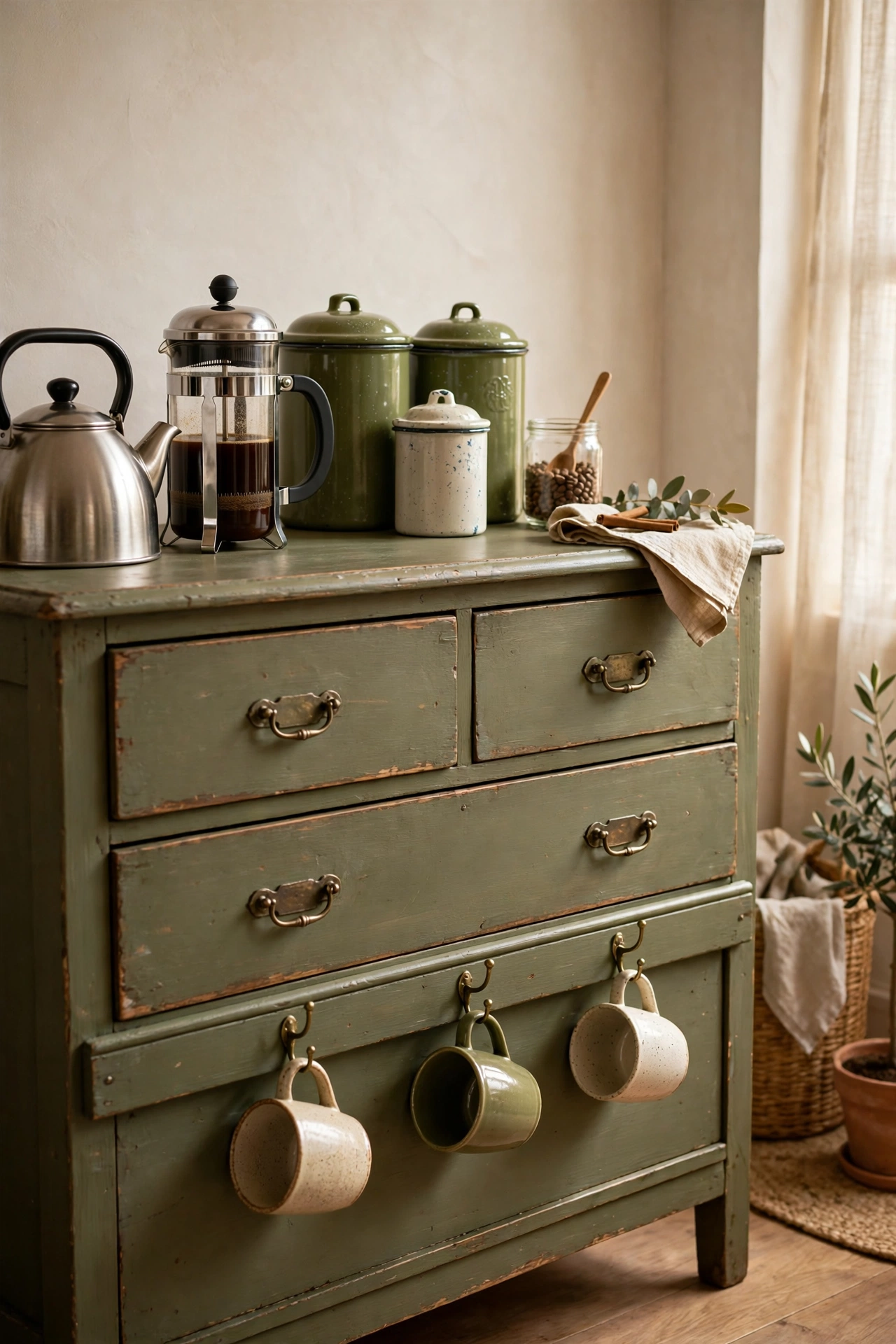 Olive green dresser styled as vintage coffee station