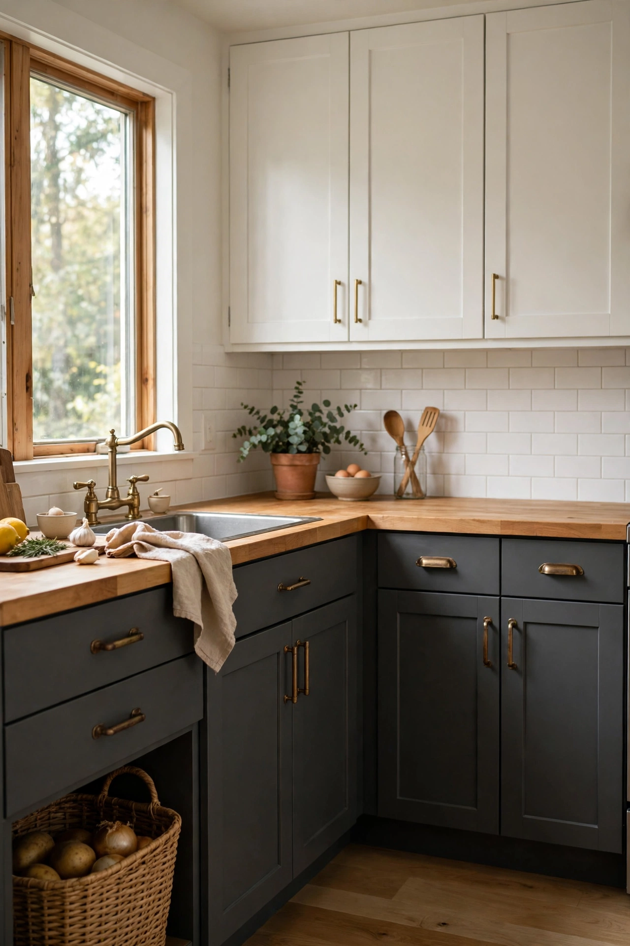 Modern kitchen with matte charcoal lower cabinets and white uppers