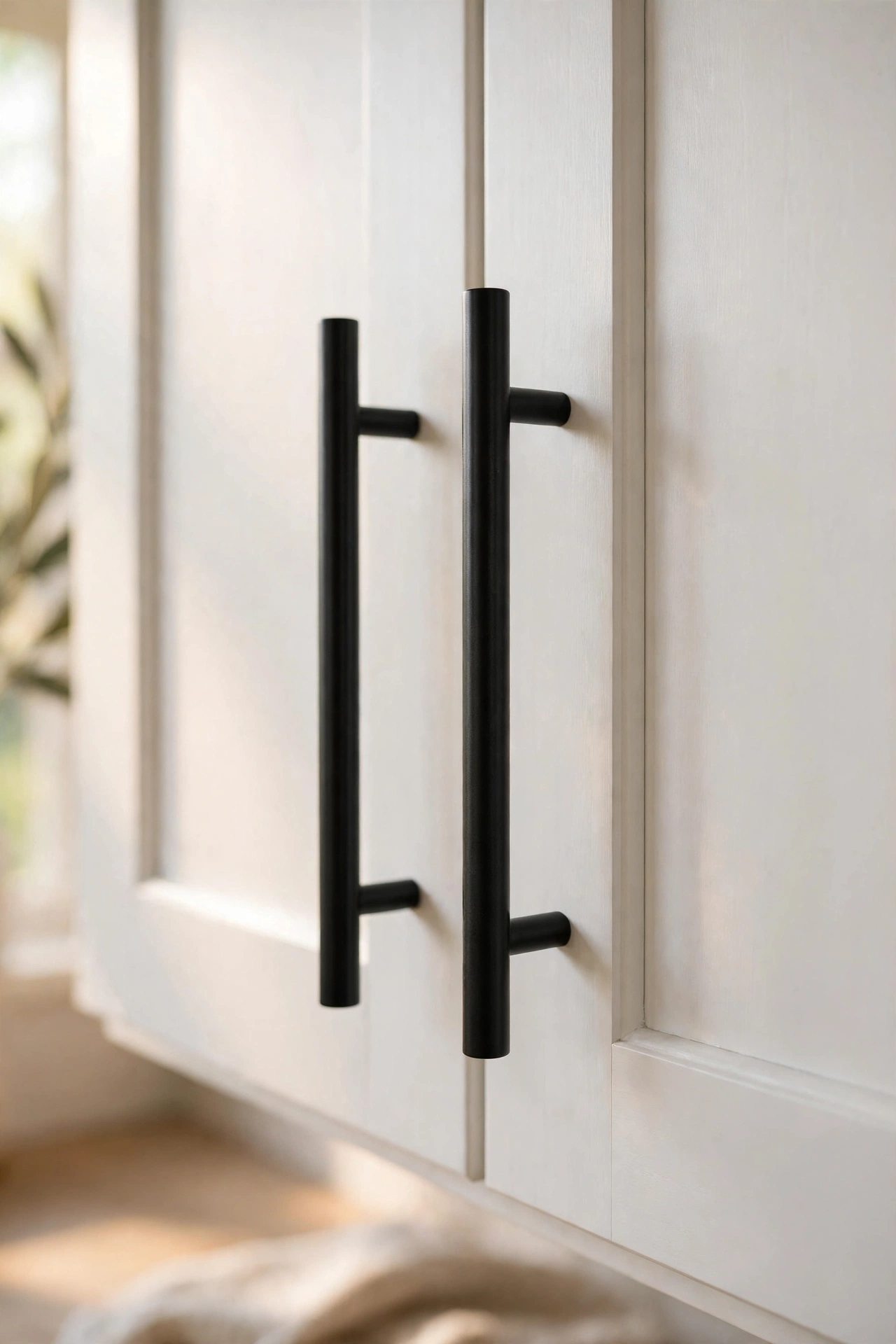 Matte black bar pulls on white modern kitchen cabinets