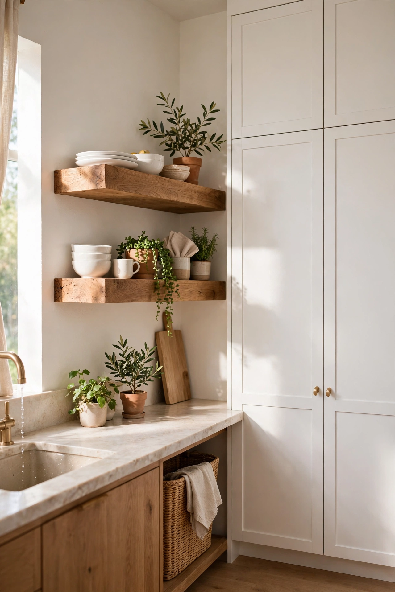 Modern kitchen with open floating shelves beside white cabinets