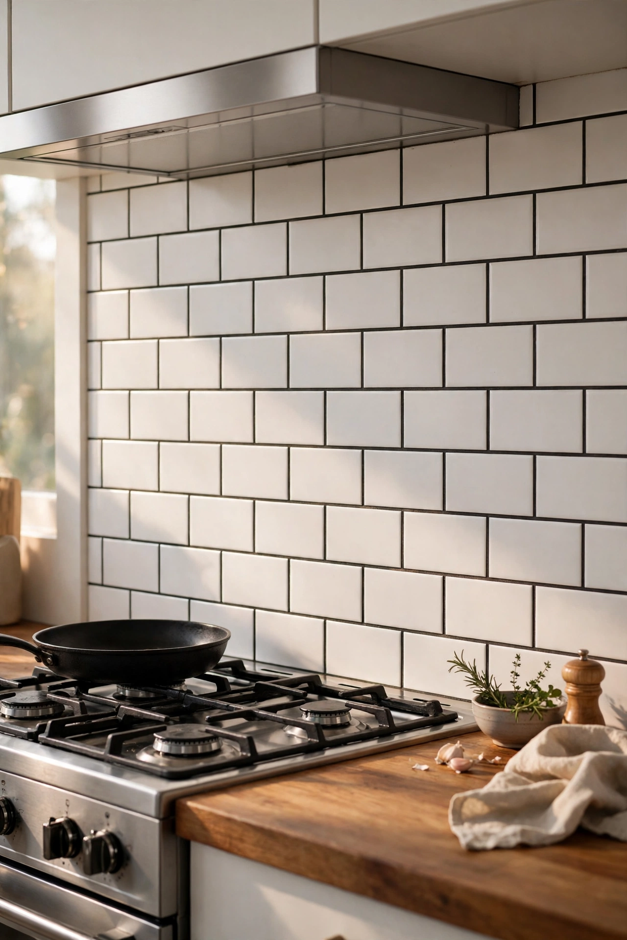 Peel-and-stick white subway tile backsplash in modern kitchen