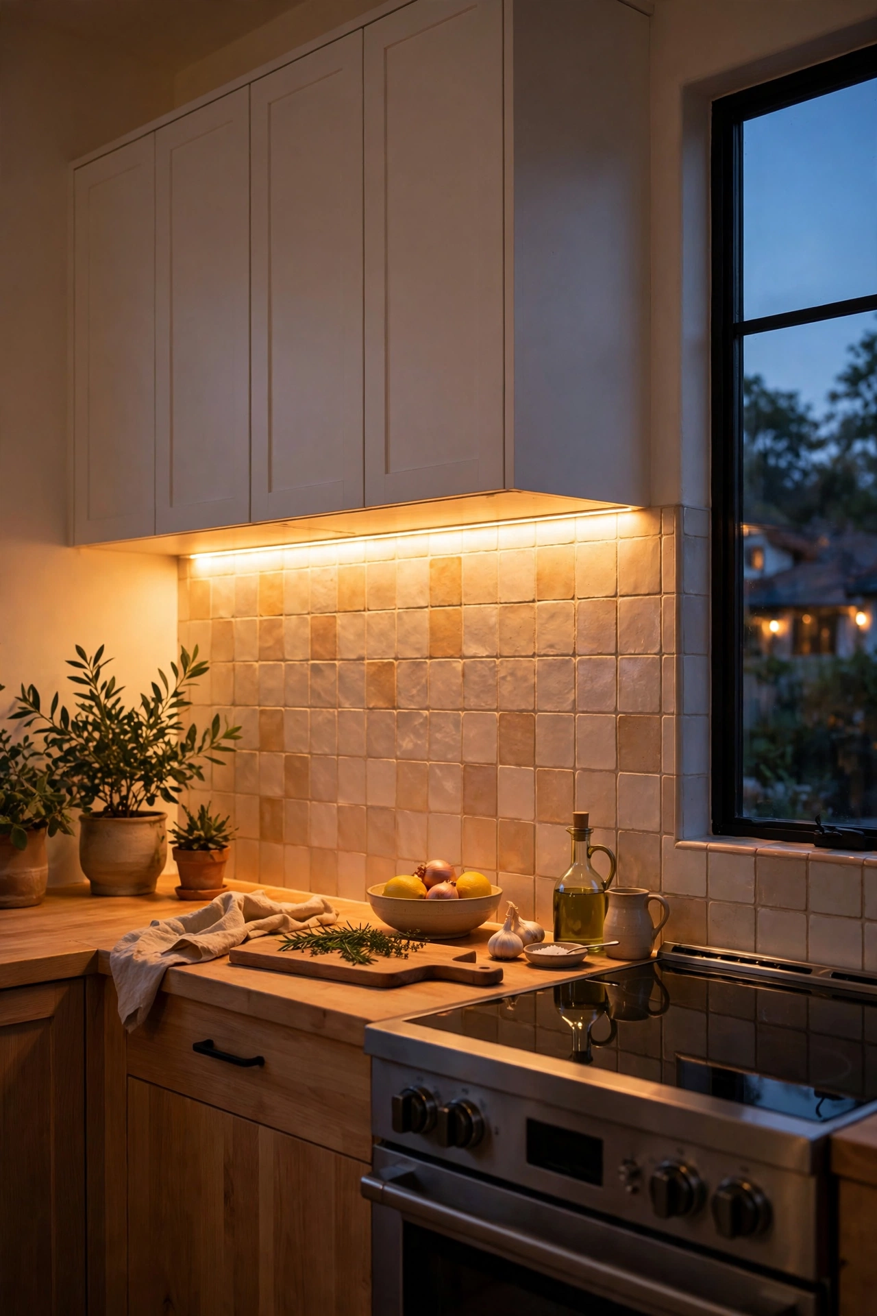Warm LED strip lighting glowing under modern kitchen cabinets
