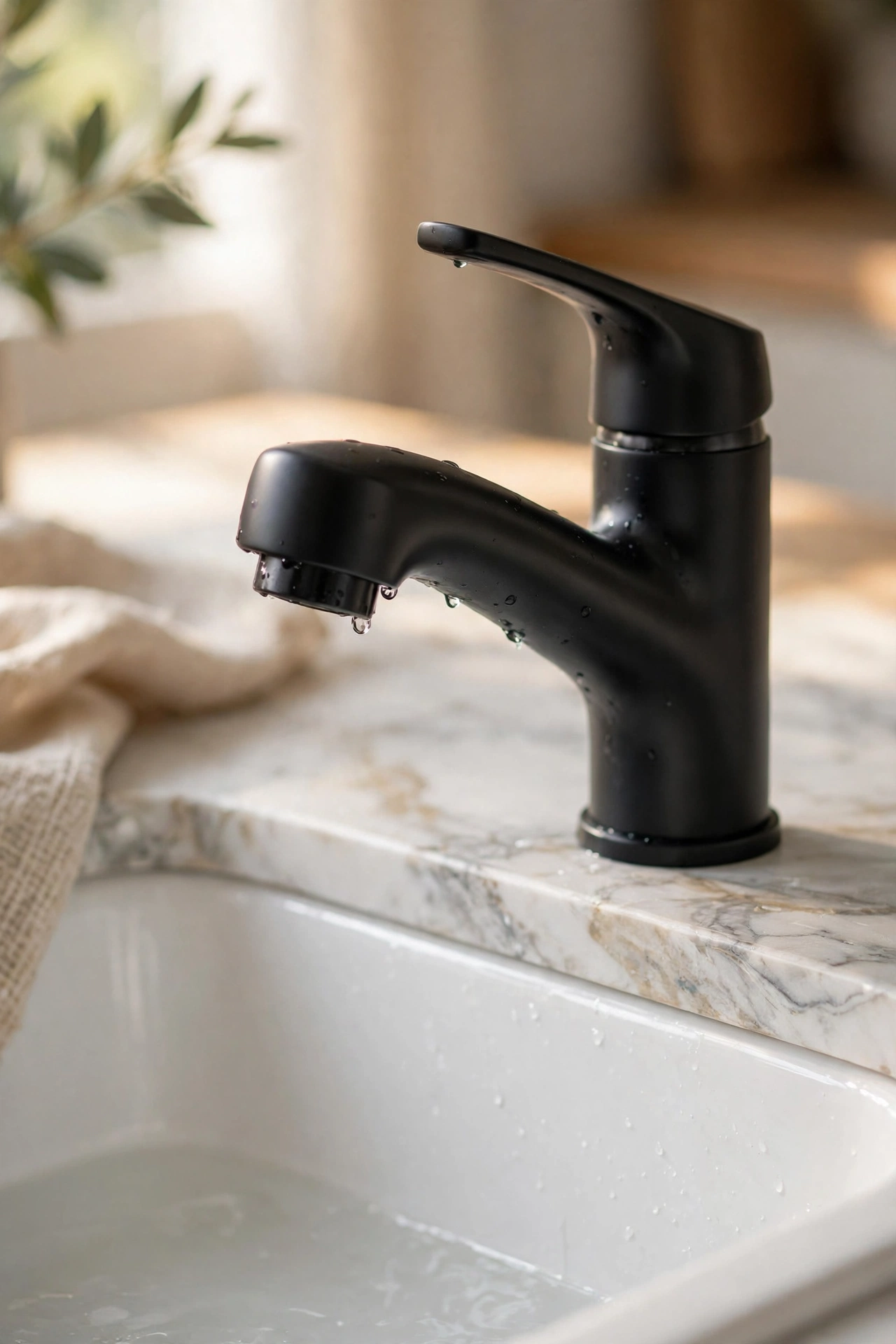 Matte black kitchen tap over white farmhouse sink