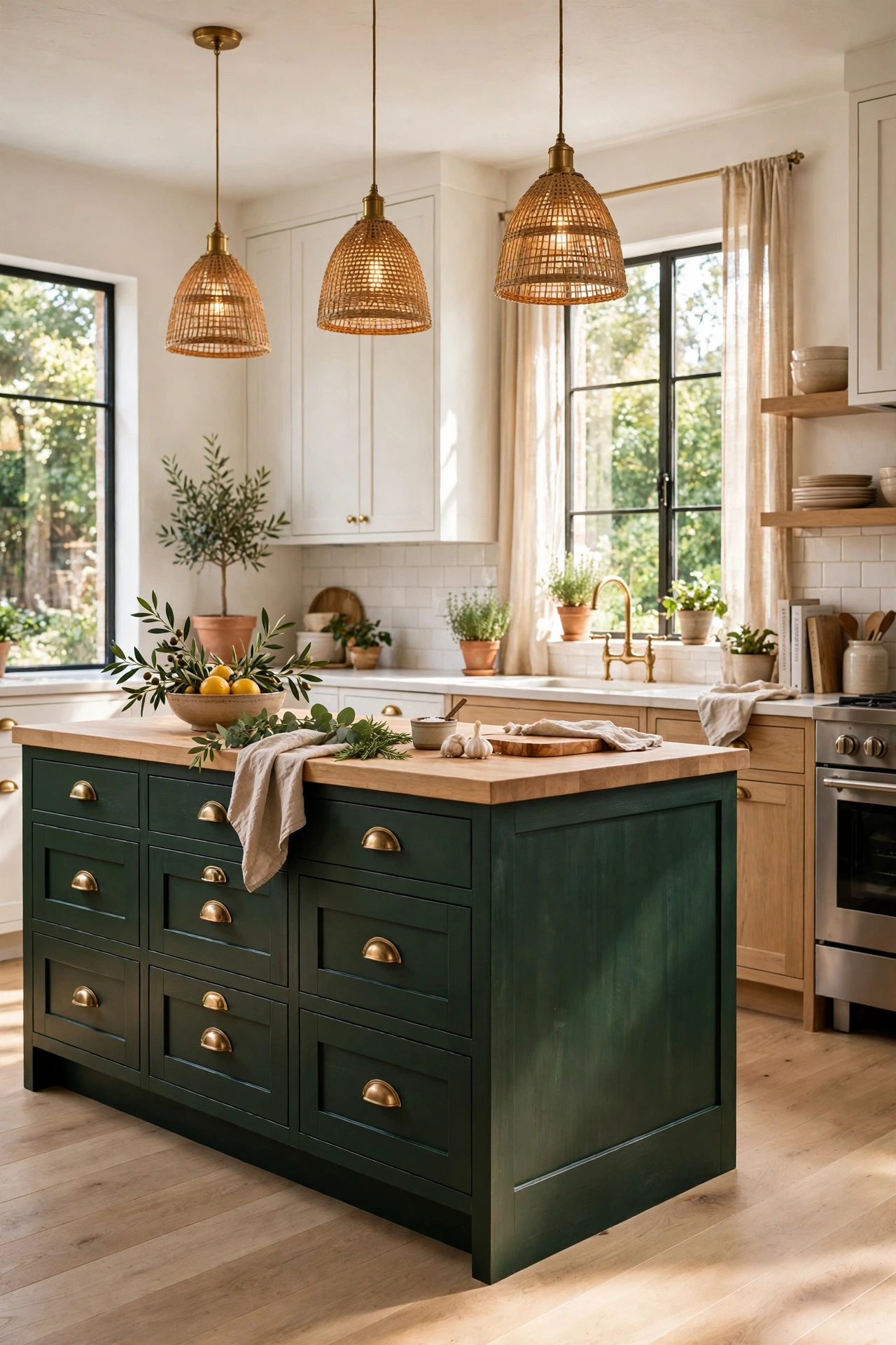 Kitchen island painted deep forest green with brass handles