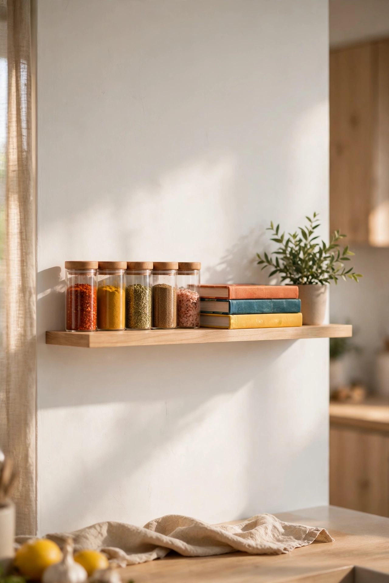 Slim floating shelf with spice jars and cookbooks in kitchen