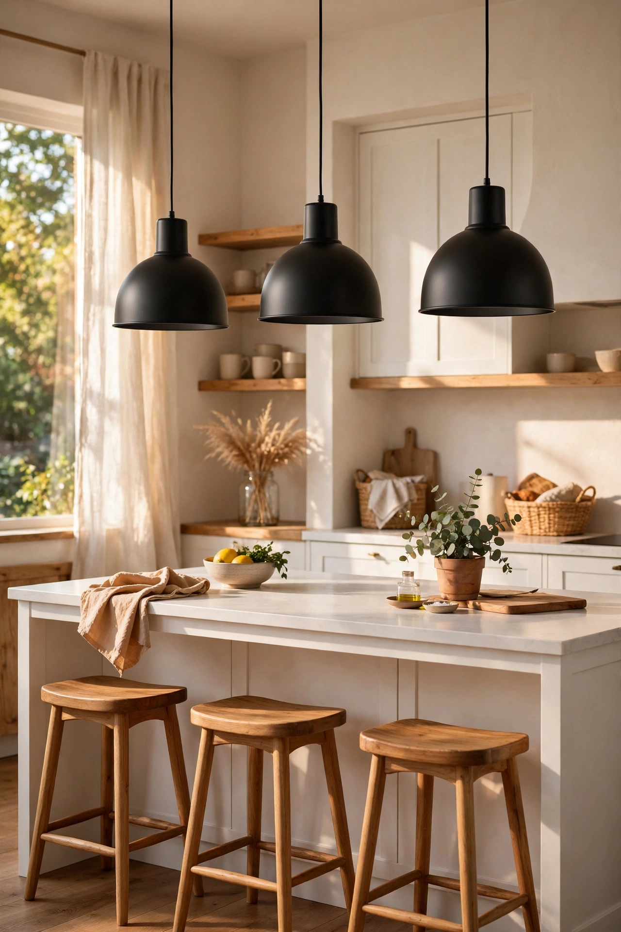 Three black dome pendant lights over modern kitchen island
