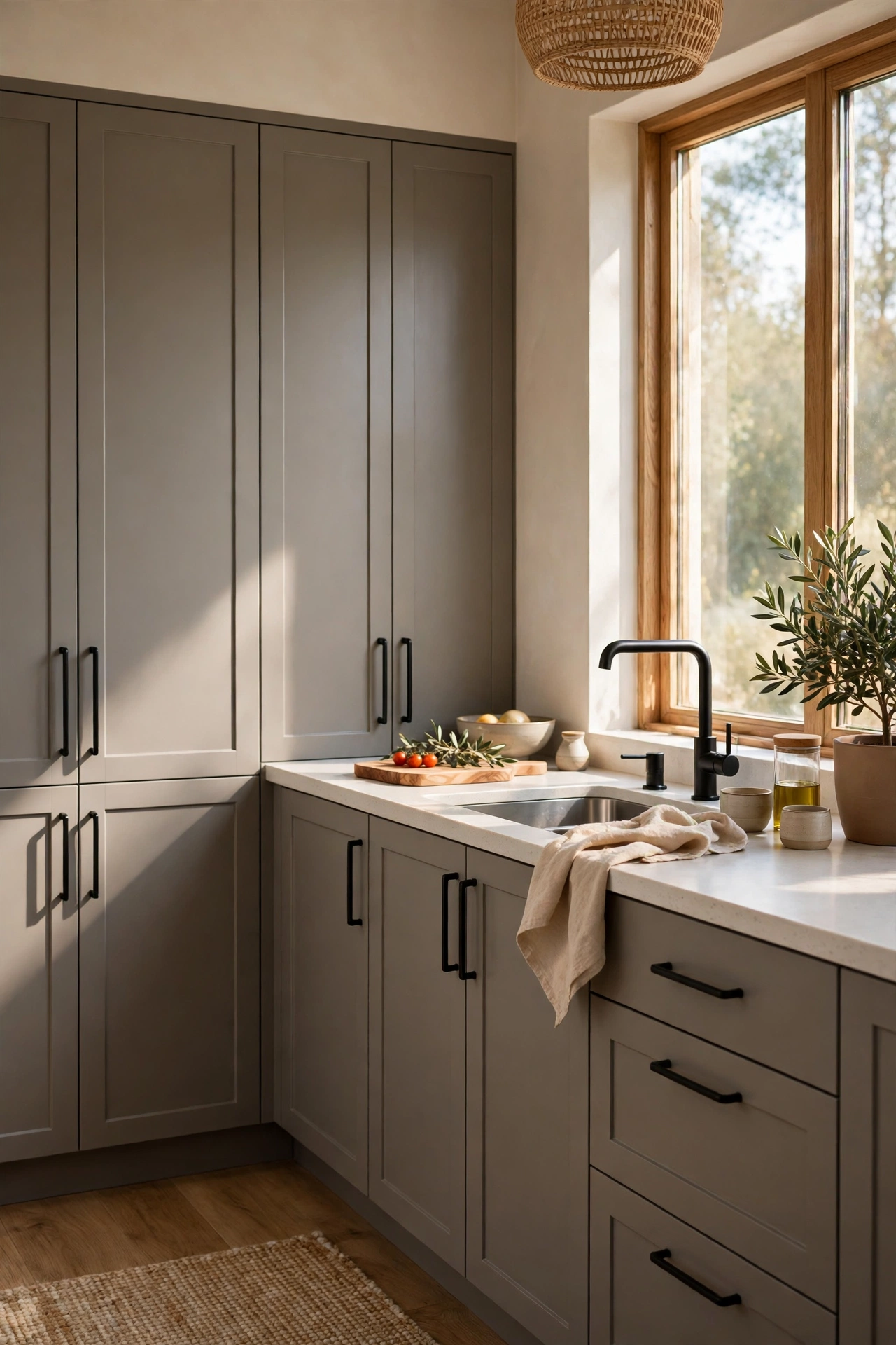 Kitchen cabinet doors wrapped in matte grey adhesive vinyl