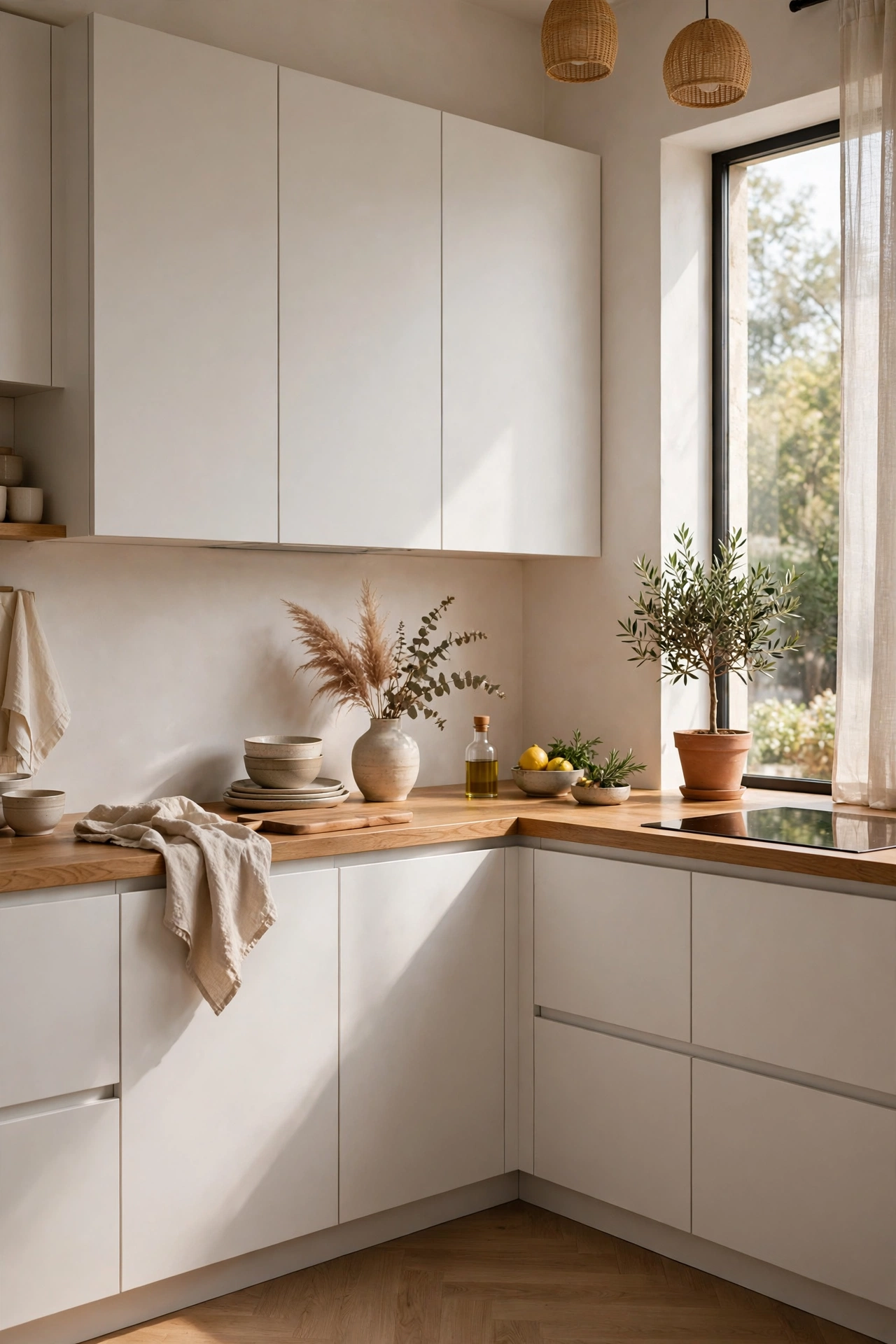 Handleless modern kitchen cabinets with clean flat fronts