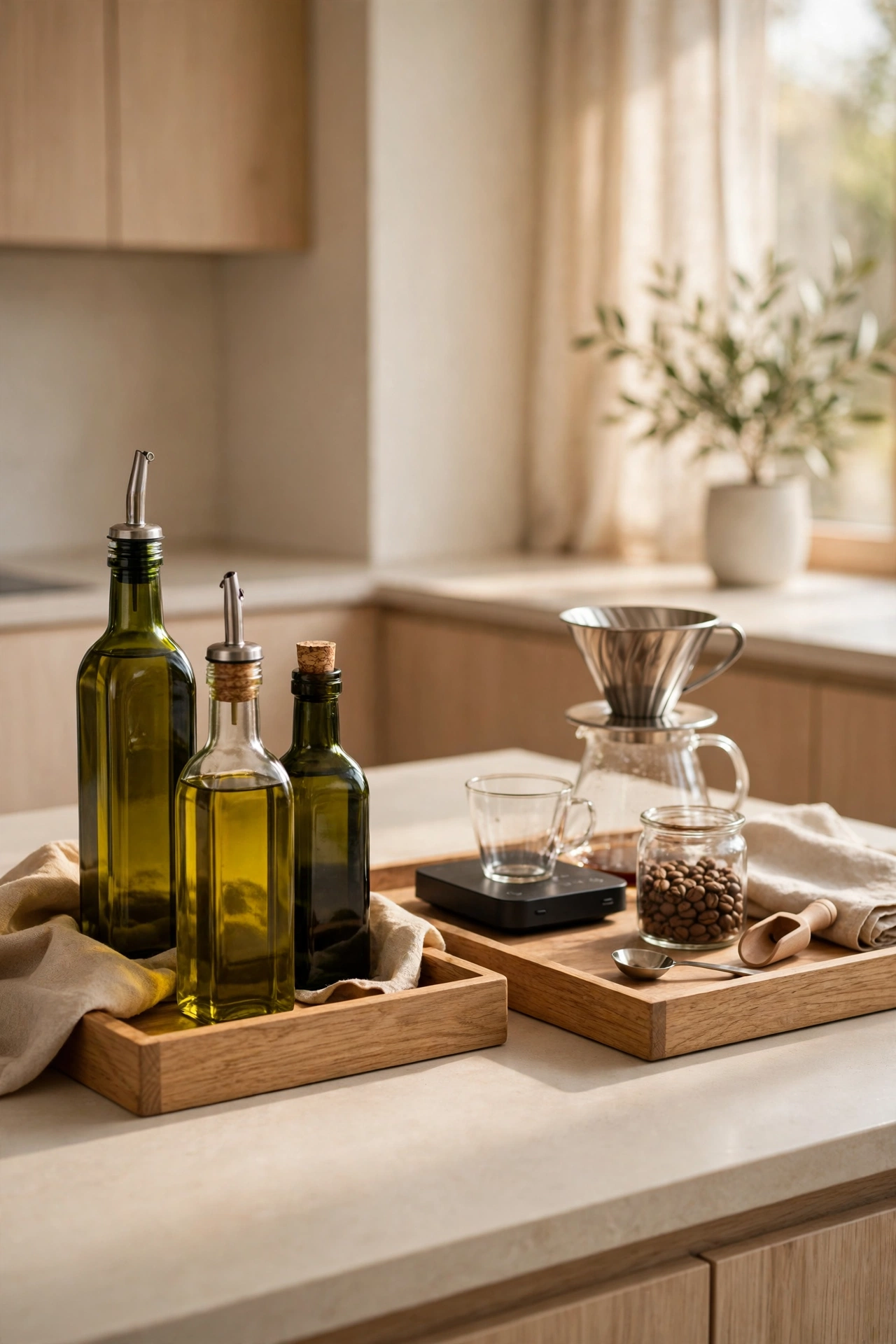 Clutter-free modern worktop with trays zoning coffee and oils