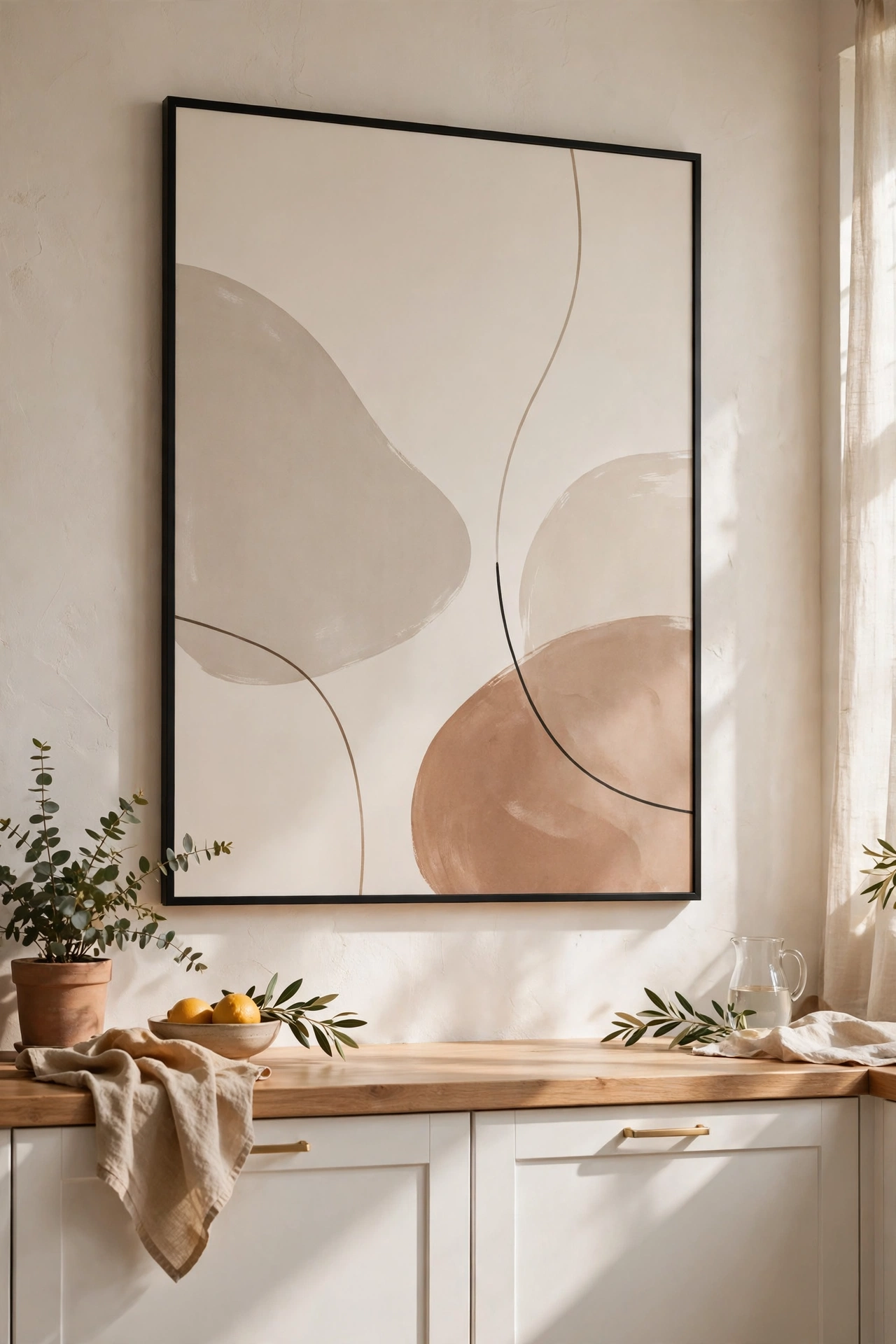 Oversized minimalist abstract art print in modern kitchen