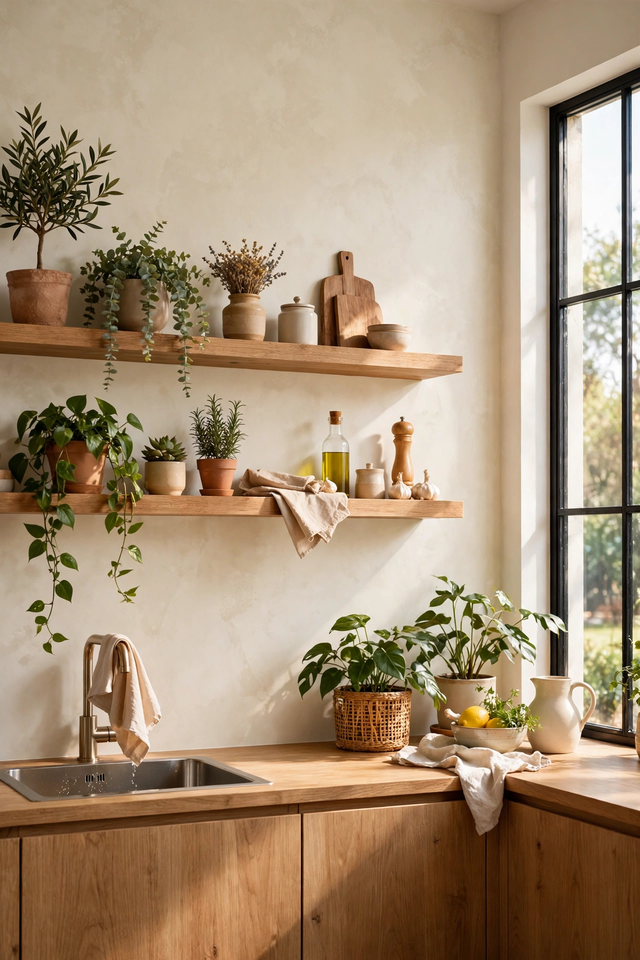 Limewash textured feature wall in soft modern kitchen