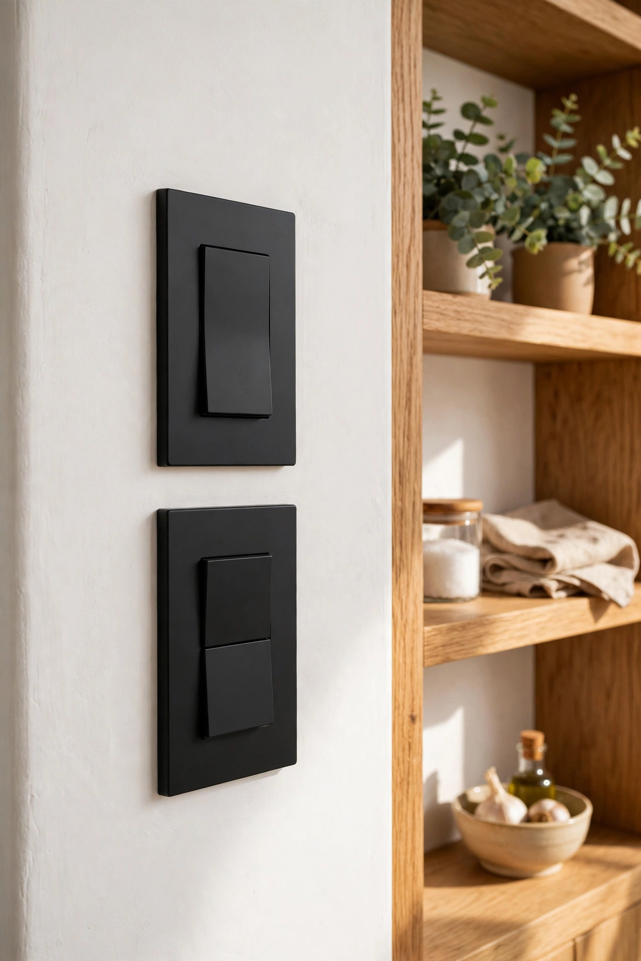 Sleek black screwless light switch plates in modern kitchen