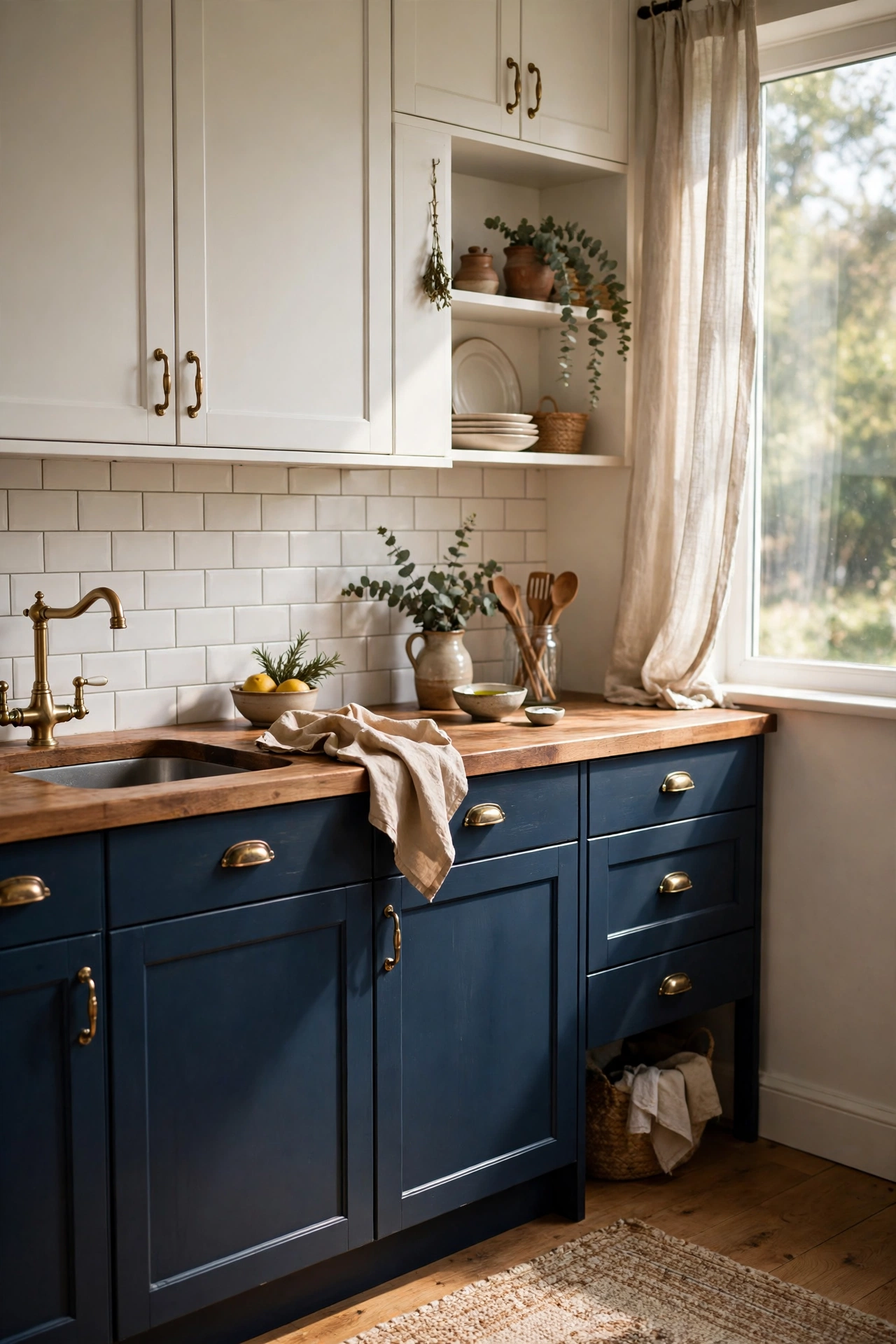 Kitchen with deep navy lower cabinets and white uppers