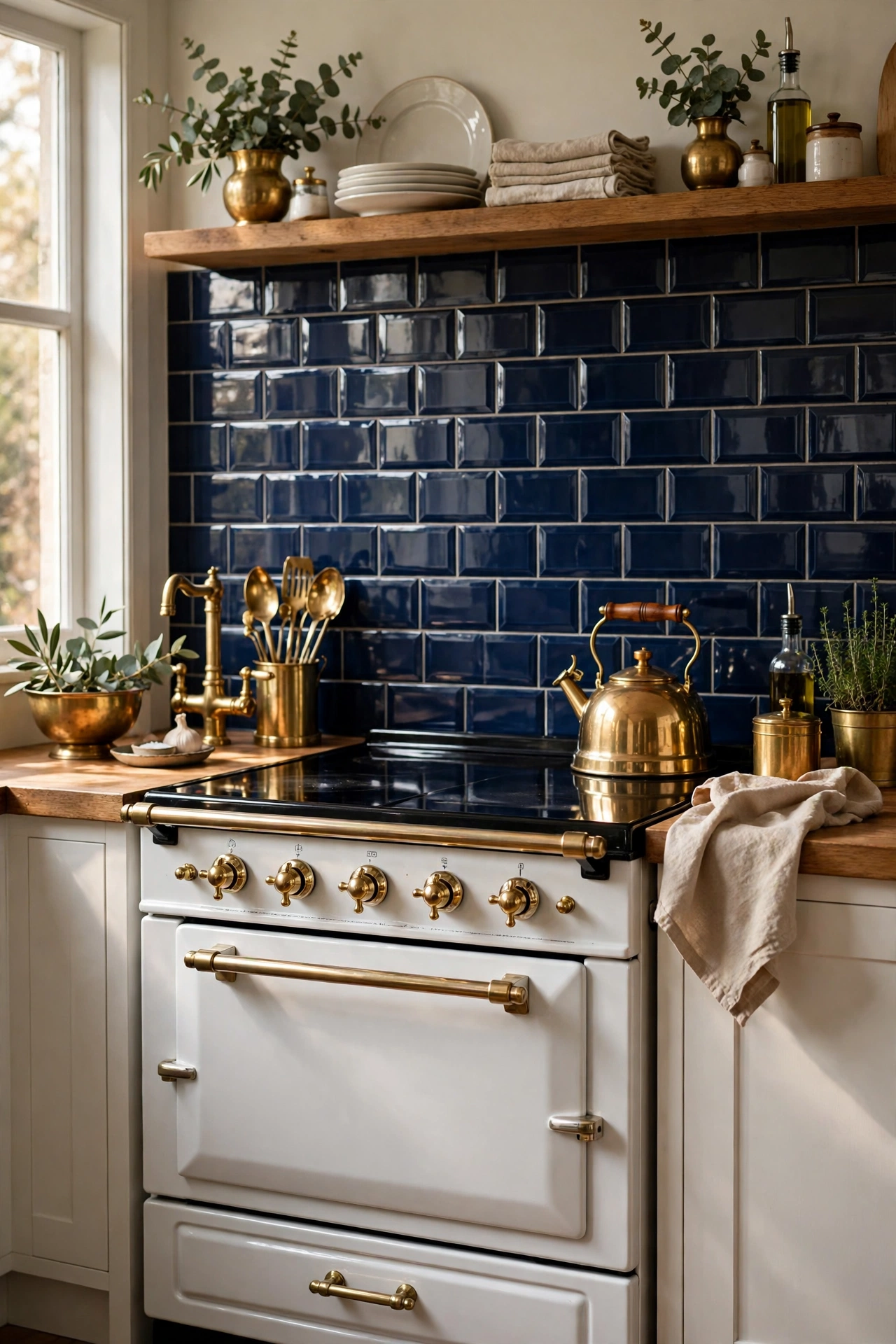 Navy blue peel-and-stick tile backsplash behind kitchen cooker