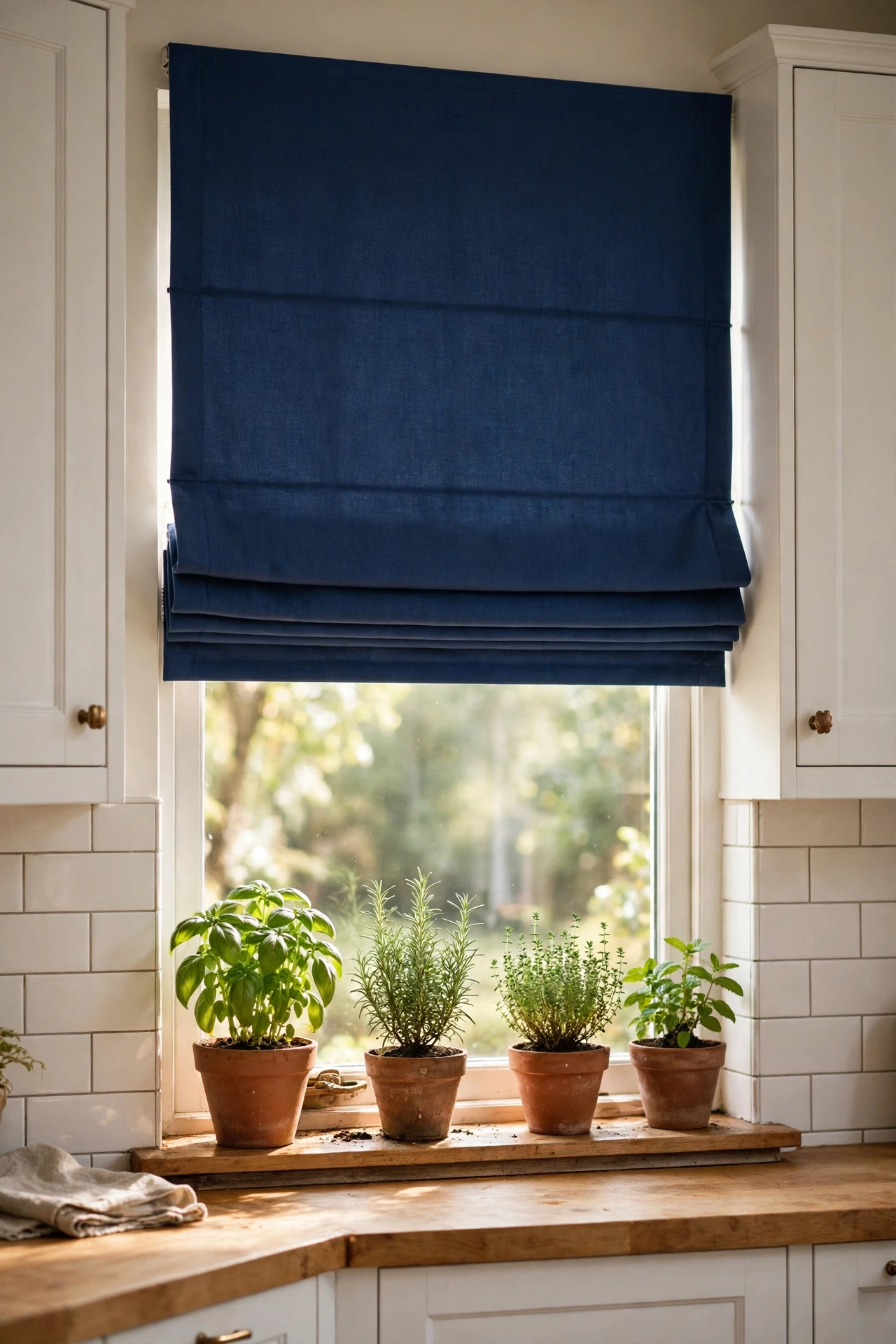 Navy Roman blind at a bright kitchen window