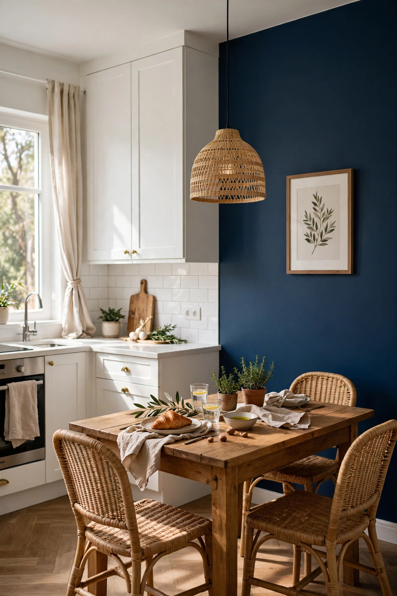 Single navy blue feature wall in white kitchen