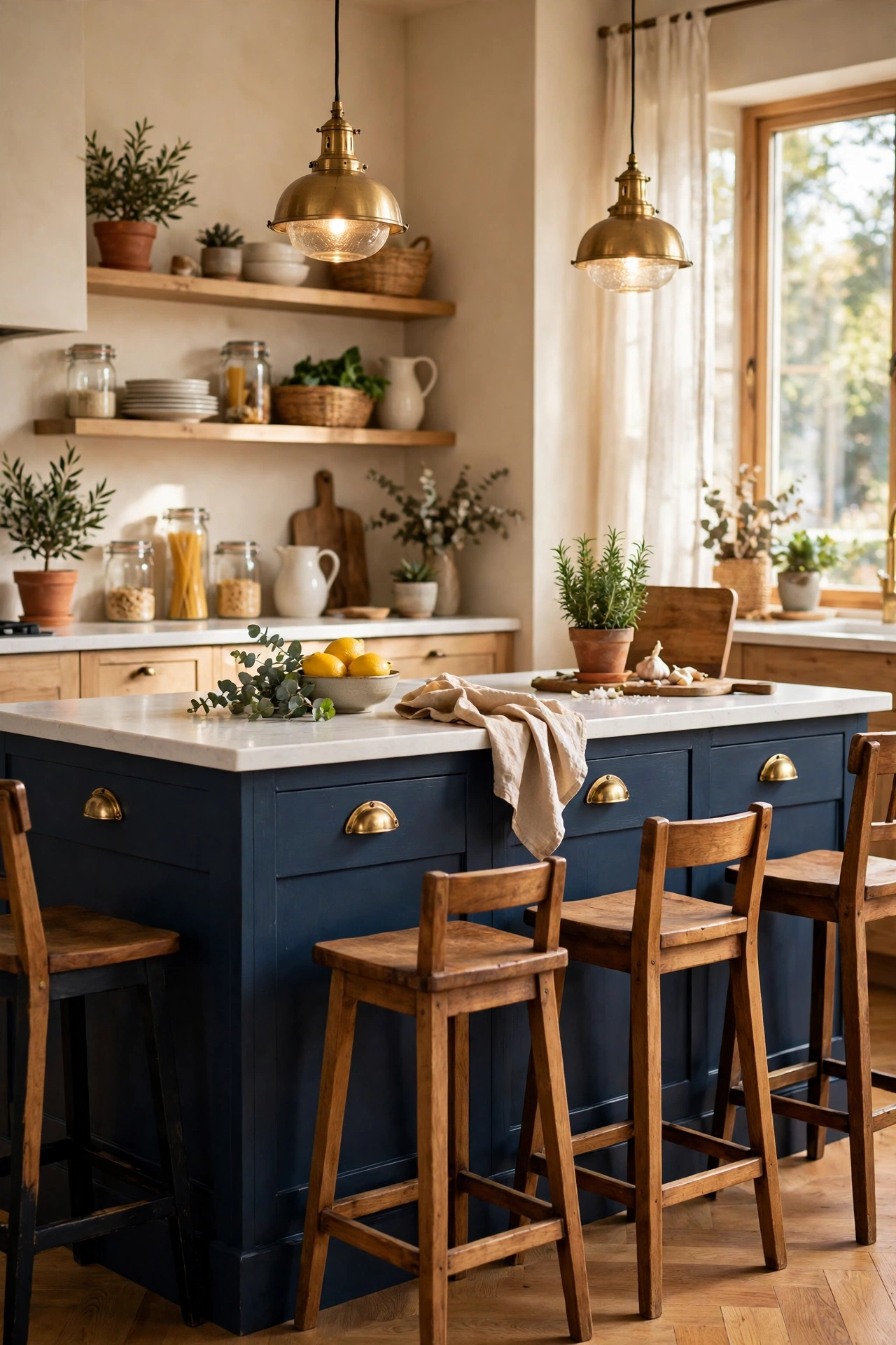 Kitchen island painted navy blue with brass cup pulls