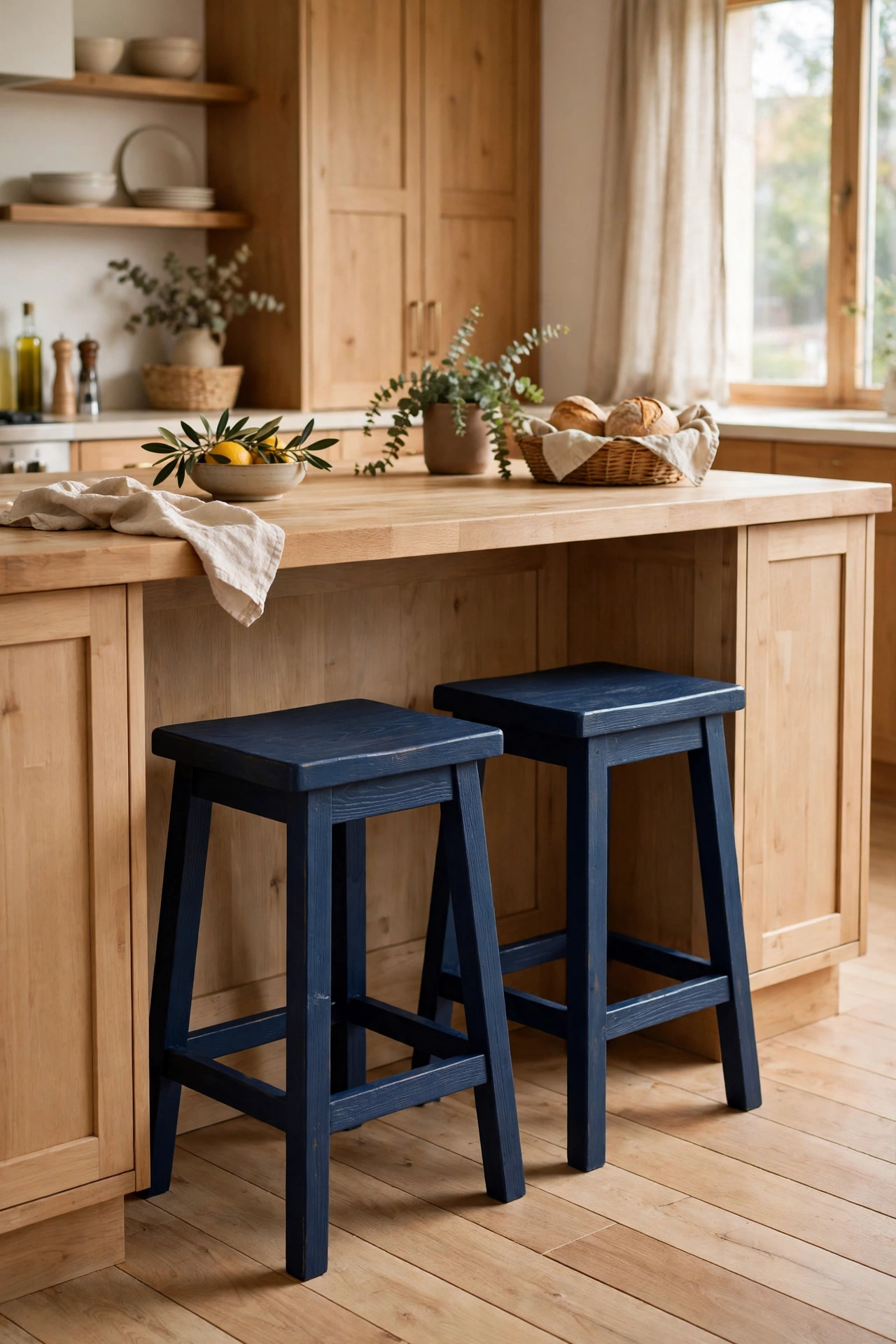 Second-hand wooden bar stools painted navy blue