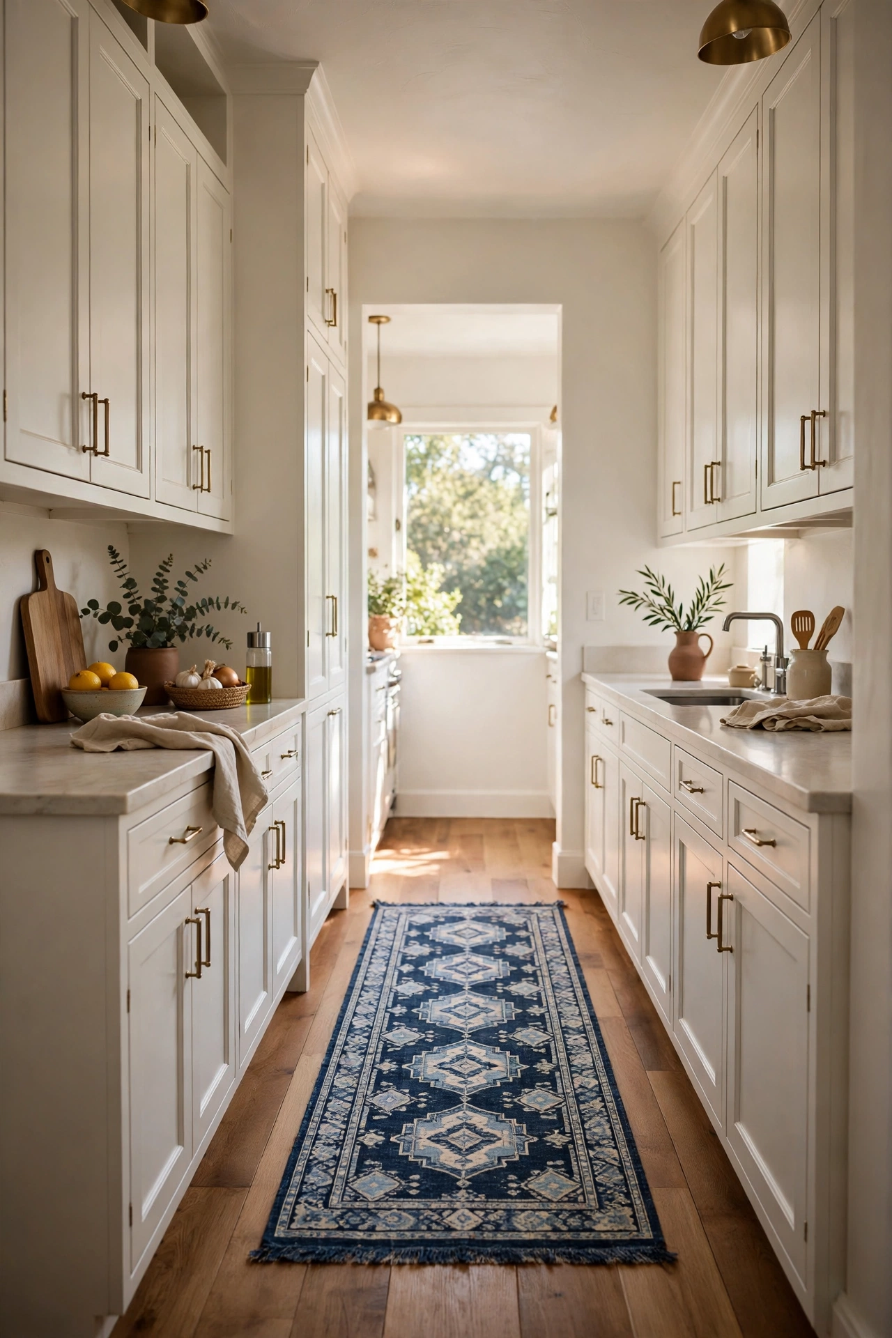 Washable navy patterned runner rug in galley kitchen