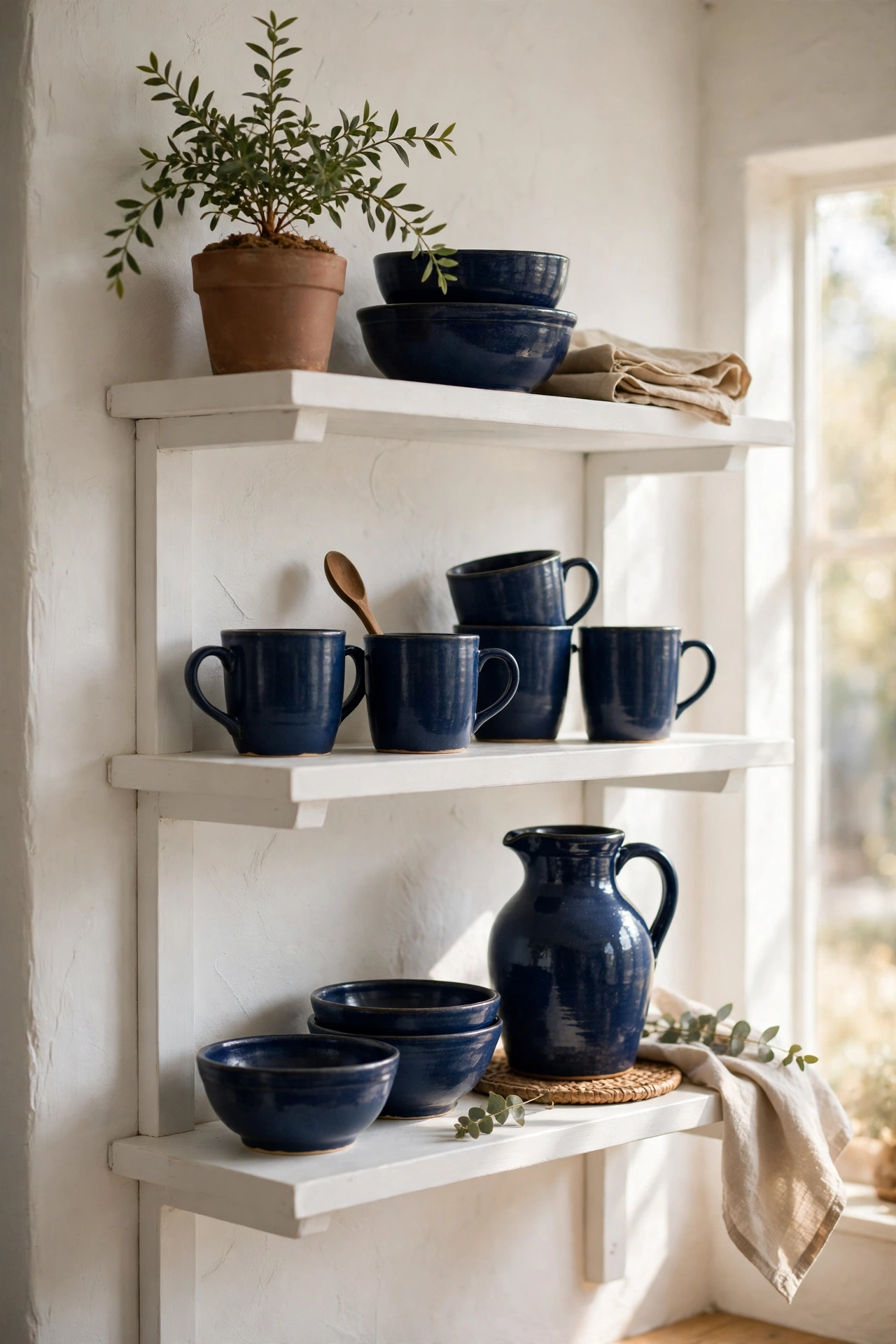 Navy dinnerware displayed on white open kitchen shelves