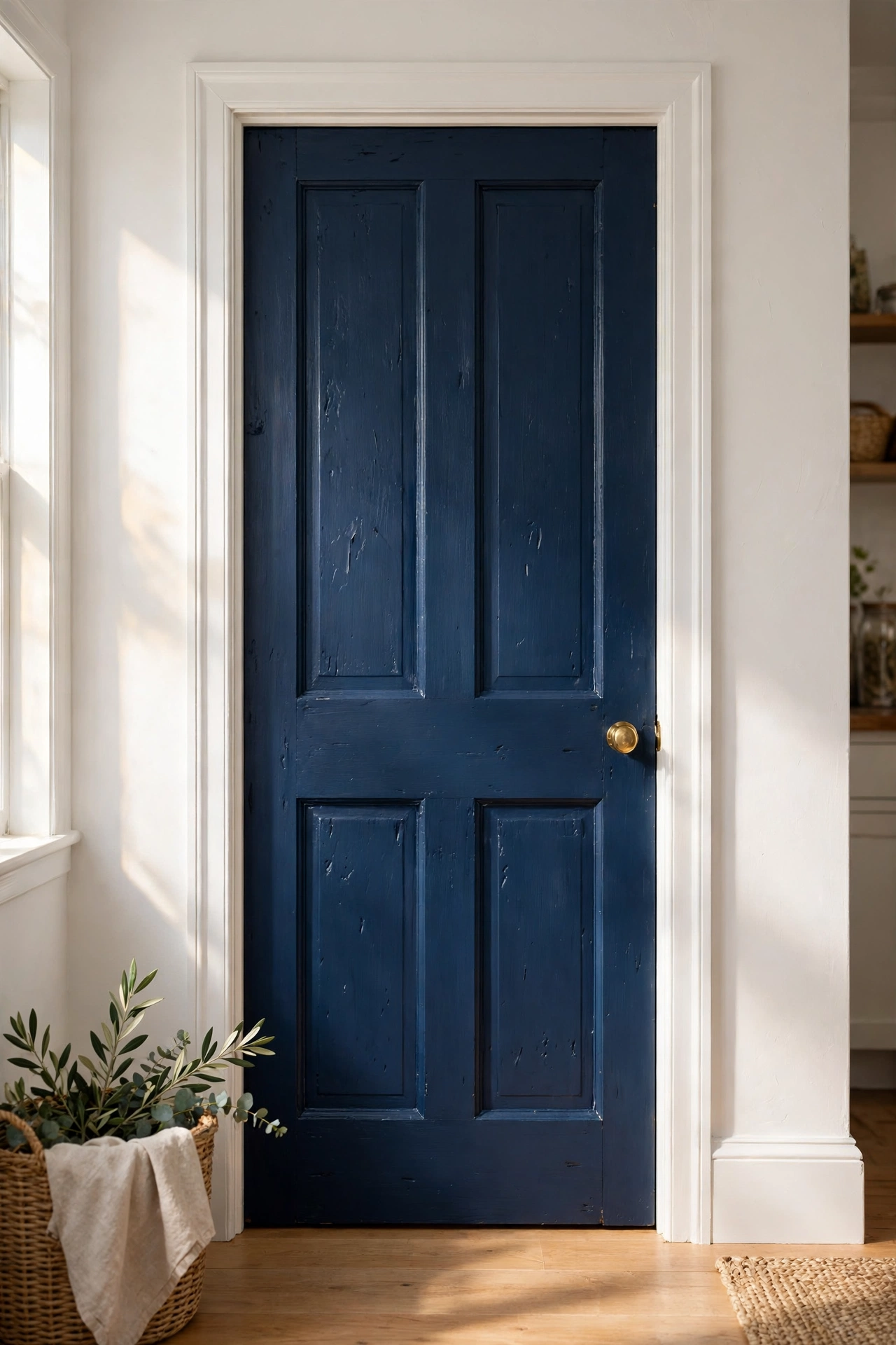 Pantry door painted deep navy with brass knob