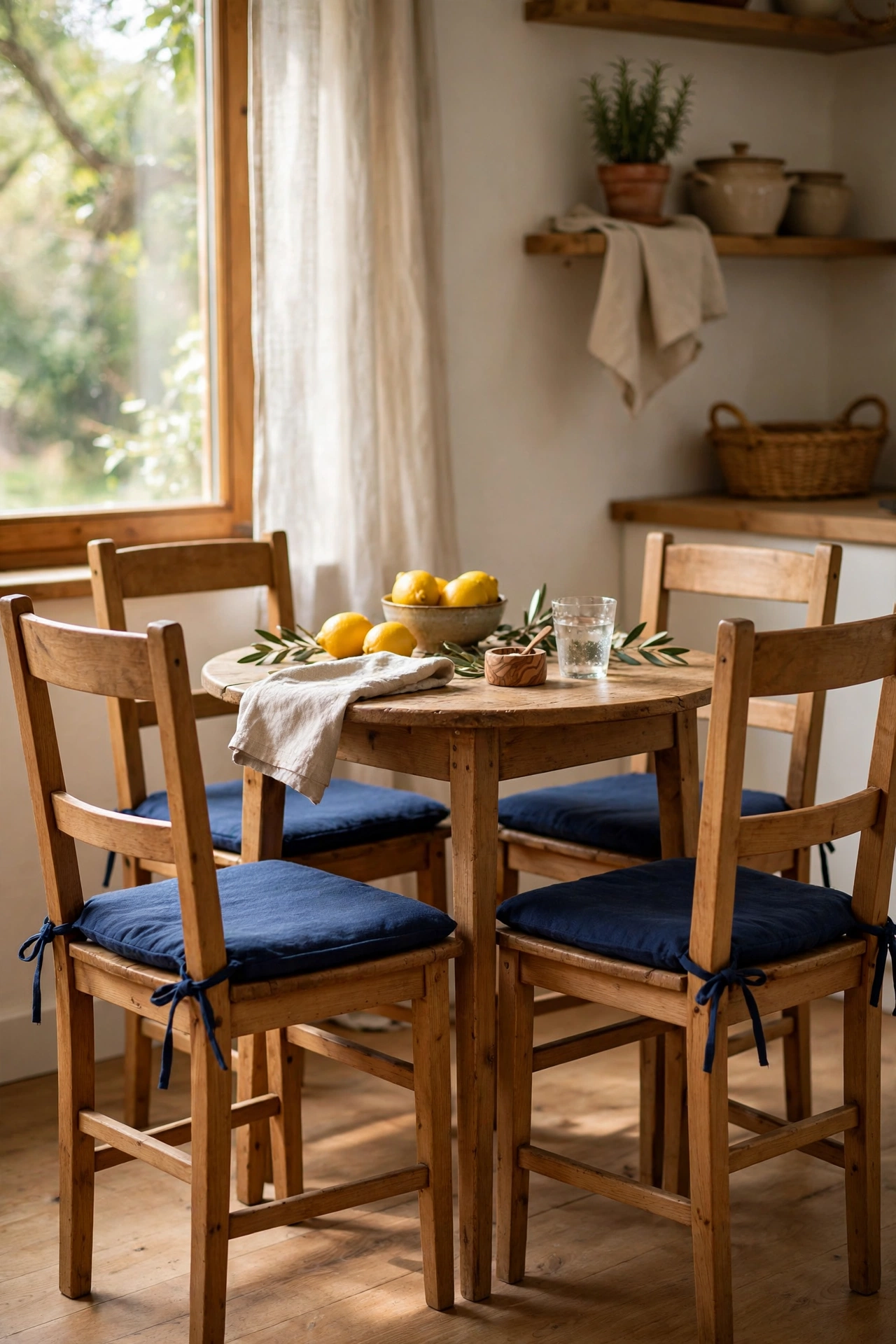 Wooden dining chairs with navy blue tie-on seat pads