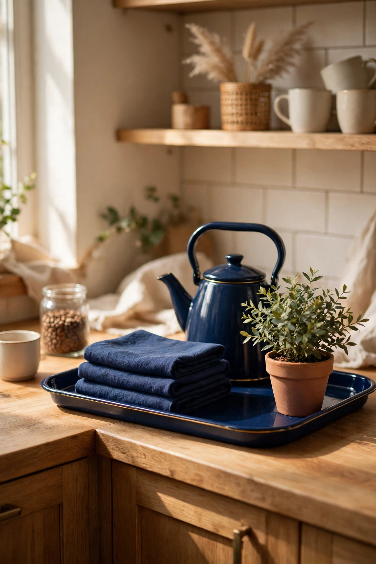Navy coffee corner with kettle tray and tea towels