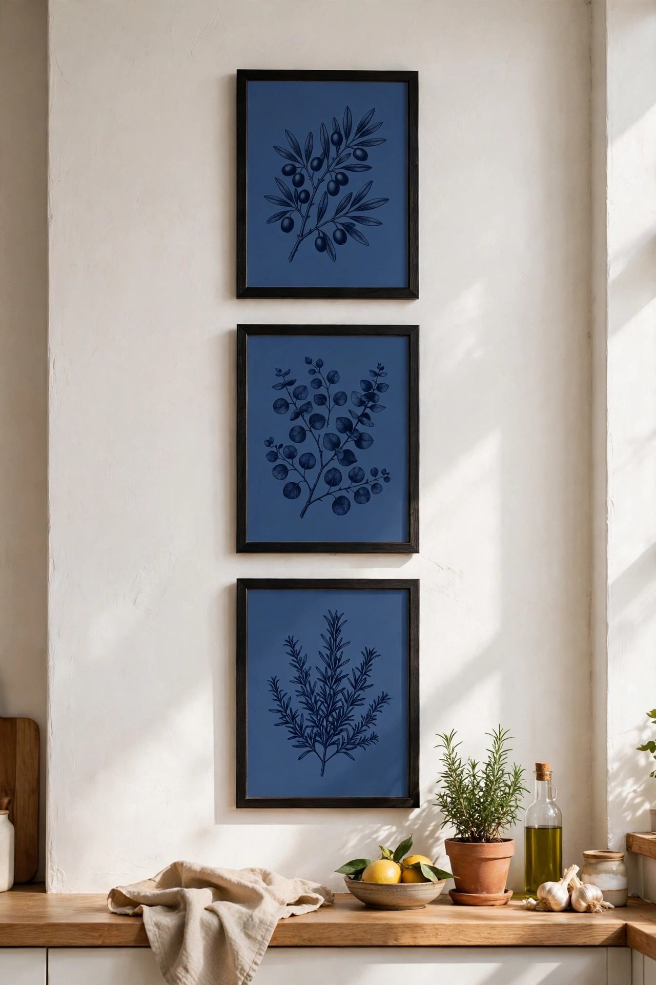 Navy botanical prints in frames on kitchen wall