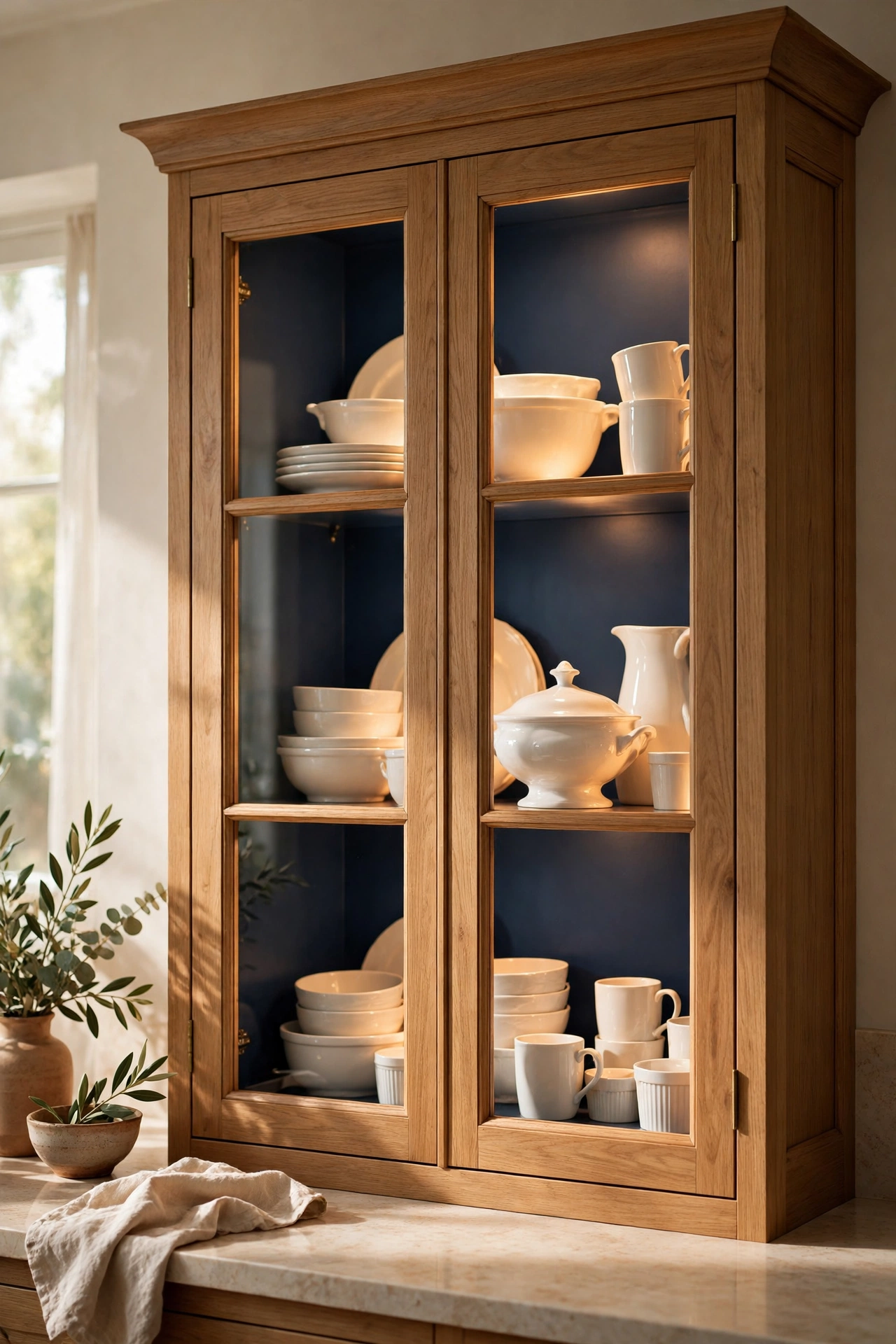 Glass-front cabinet with navy painted interior back panel