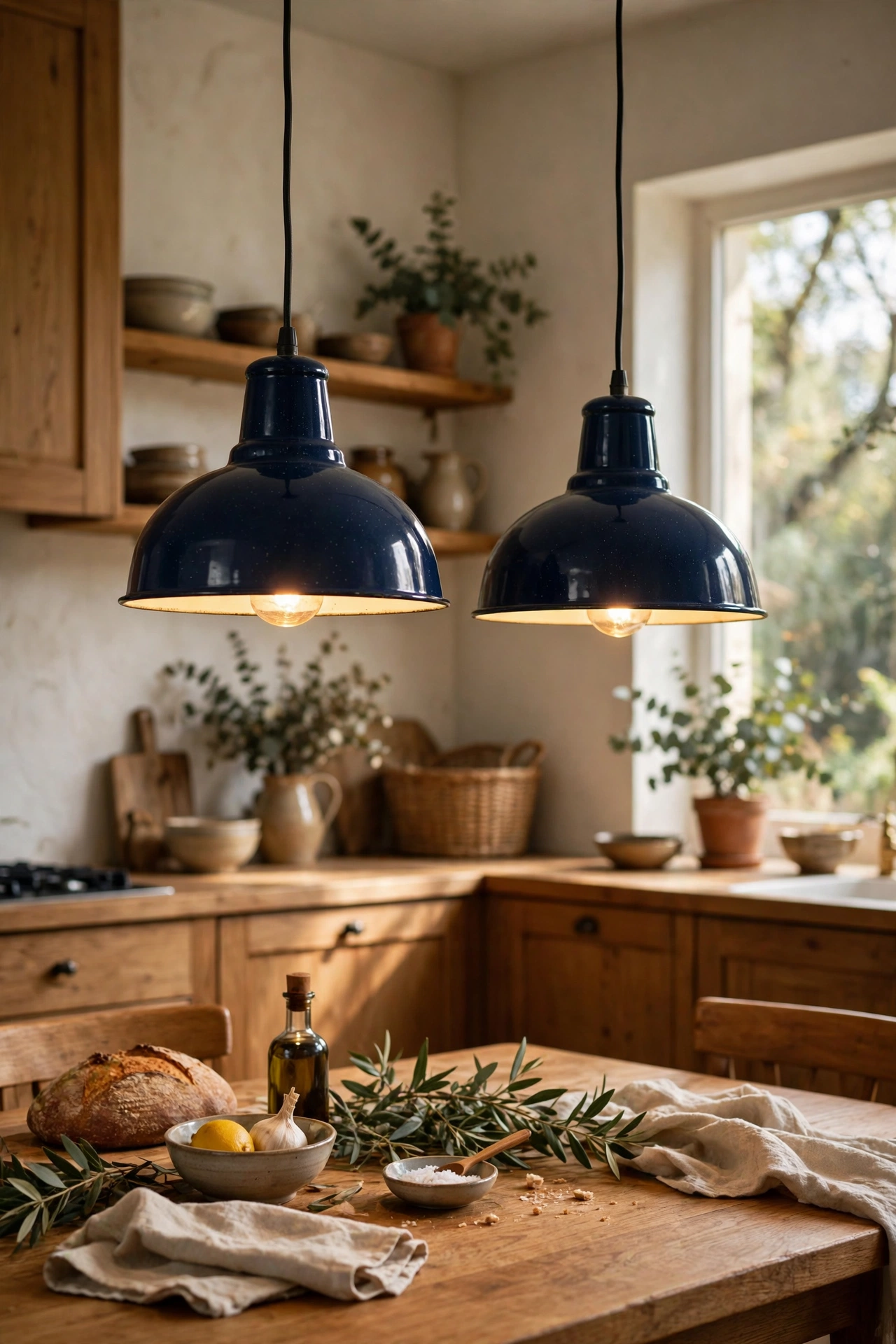 Two navy pendant shades over kitchen dining table