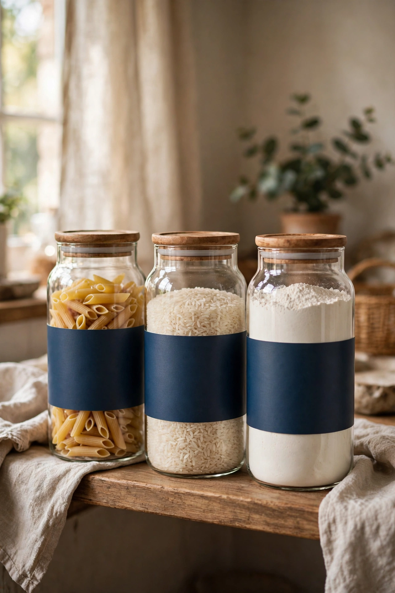 Glass jars of dry goods with navy labels on shelf