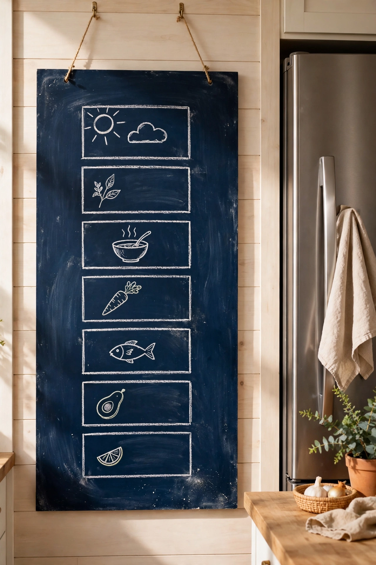 Navy chalkboard meal planner hung beside kitchen fridge