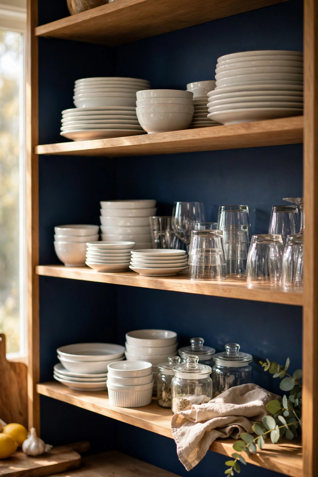 Open shelves with navy backing board behind white dishes