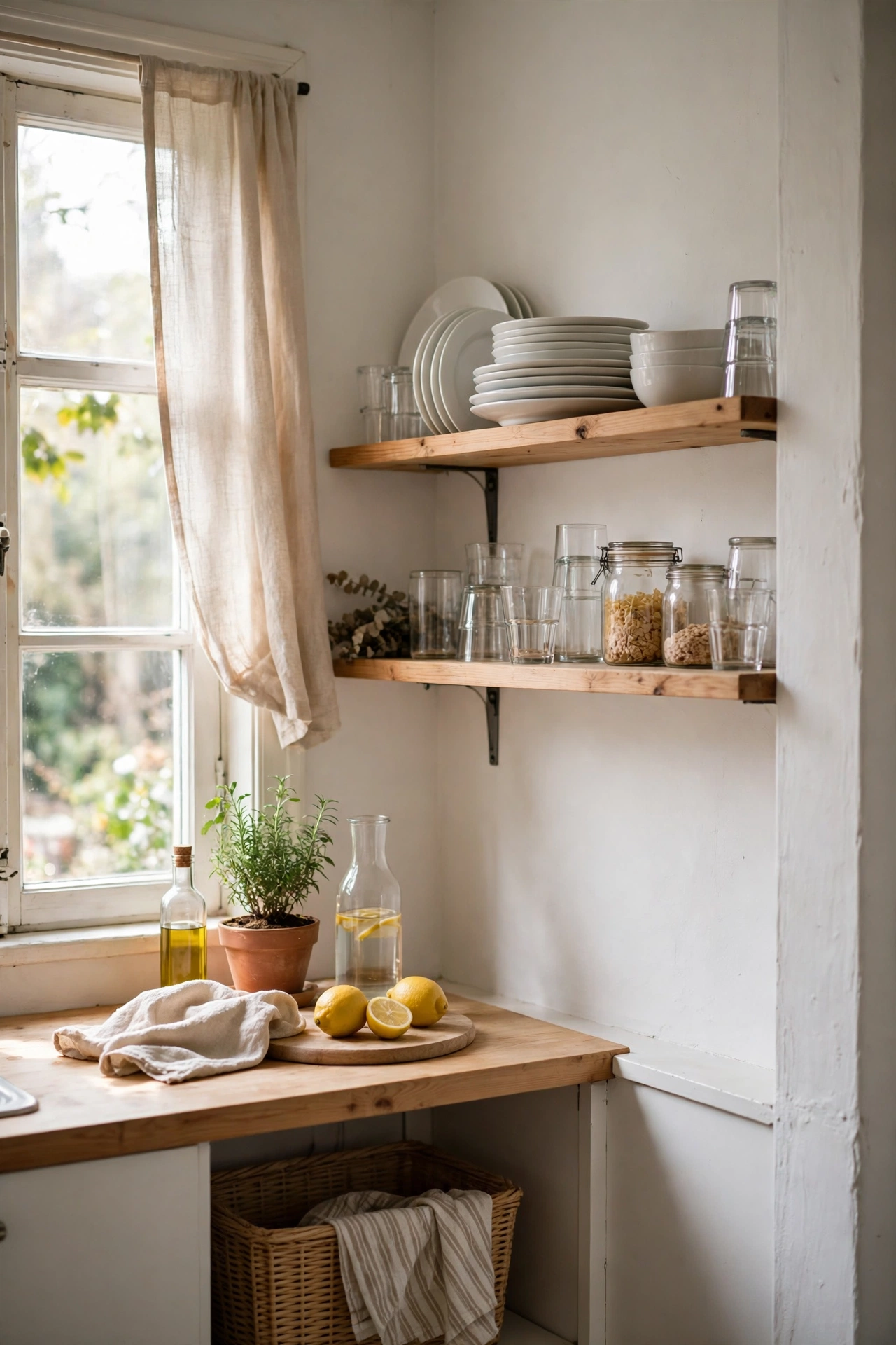 Open kitchen shelving with white dishes in bright Scandinavian kitchen
