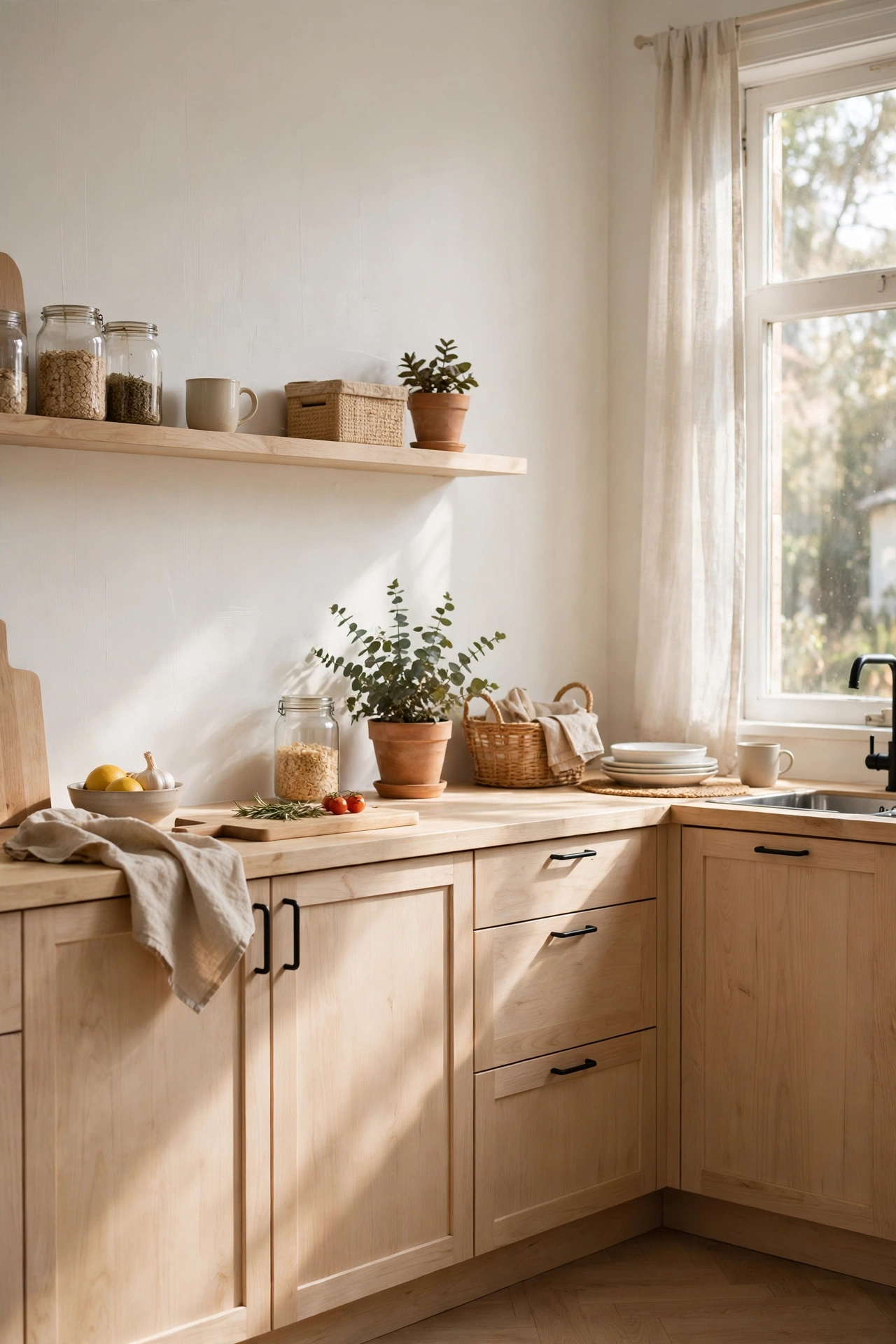 Warm white painted Scandinavian kitchen with pale wood accents