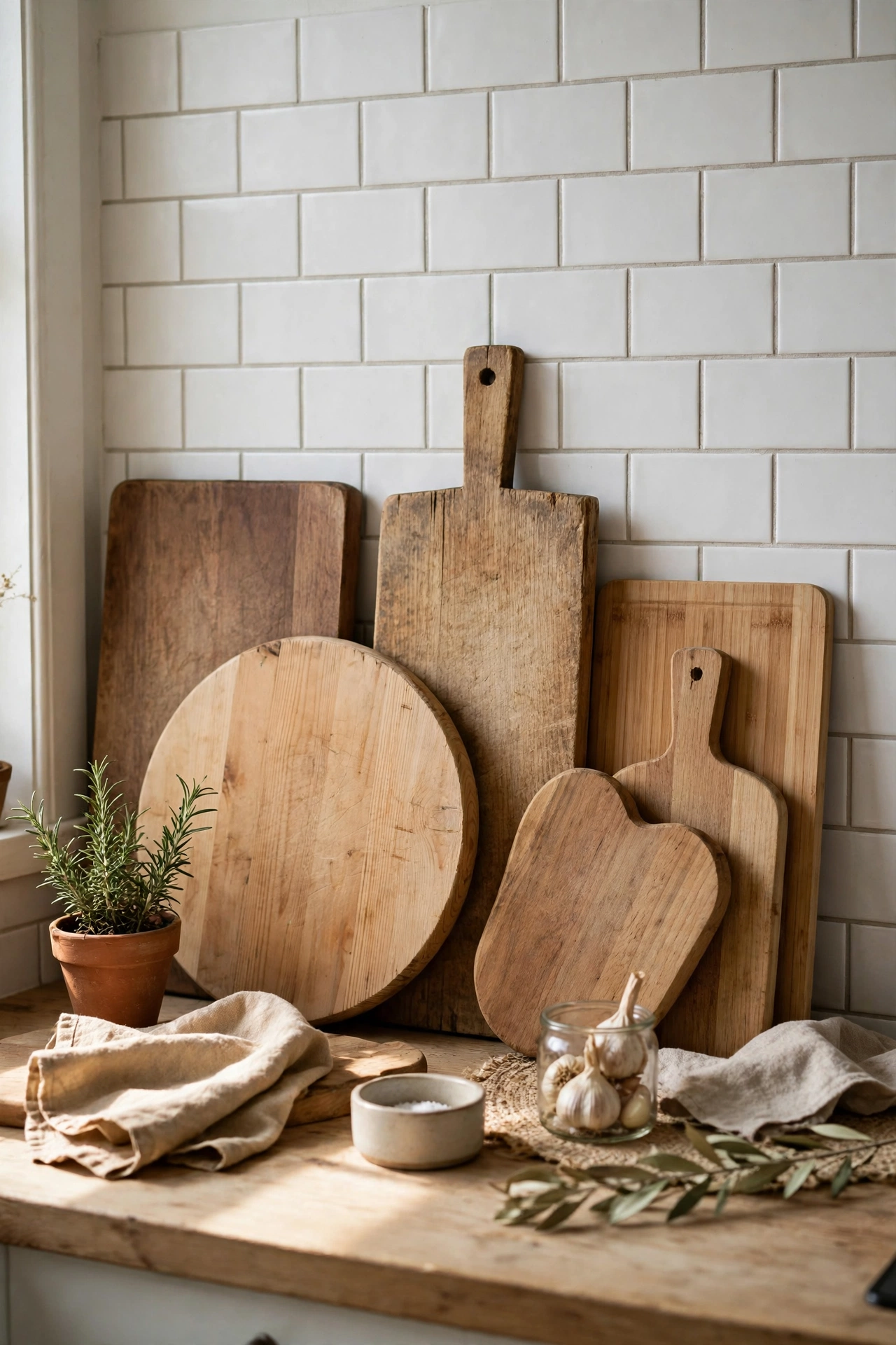 Wooden chopping boards leaning against white kitchen backsplash