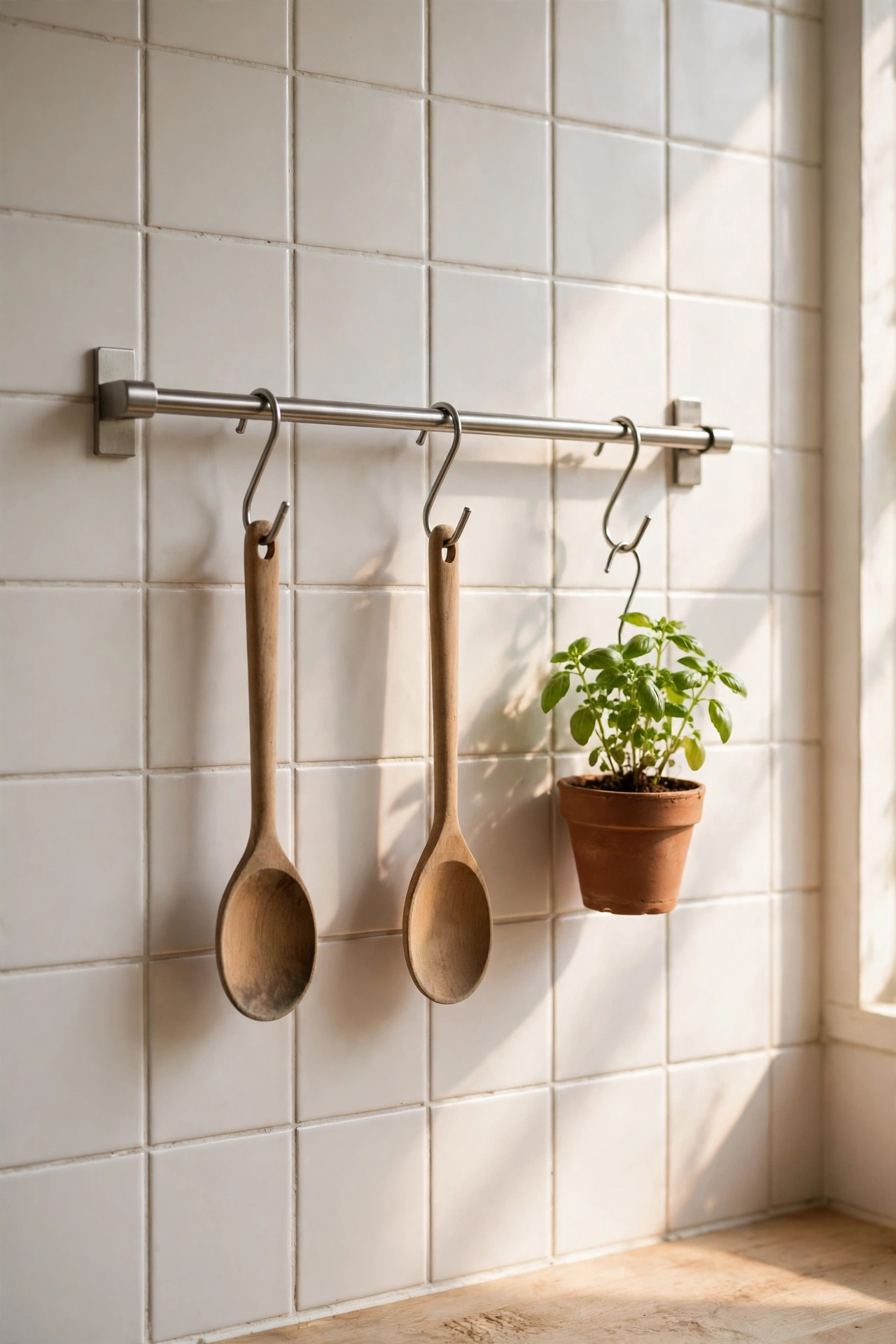 Metal rail with wooden utensils hanging in Scandinavian kitchen