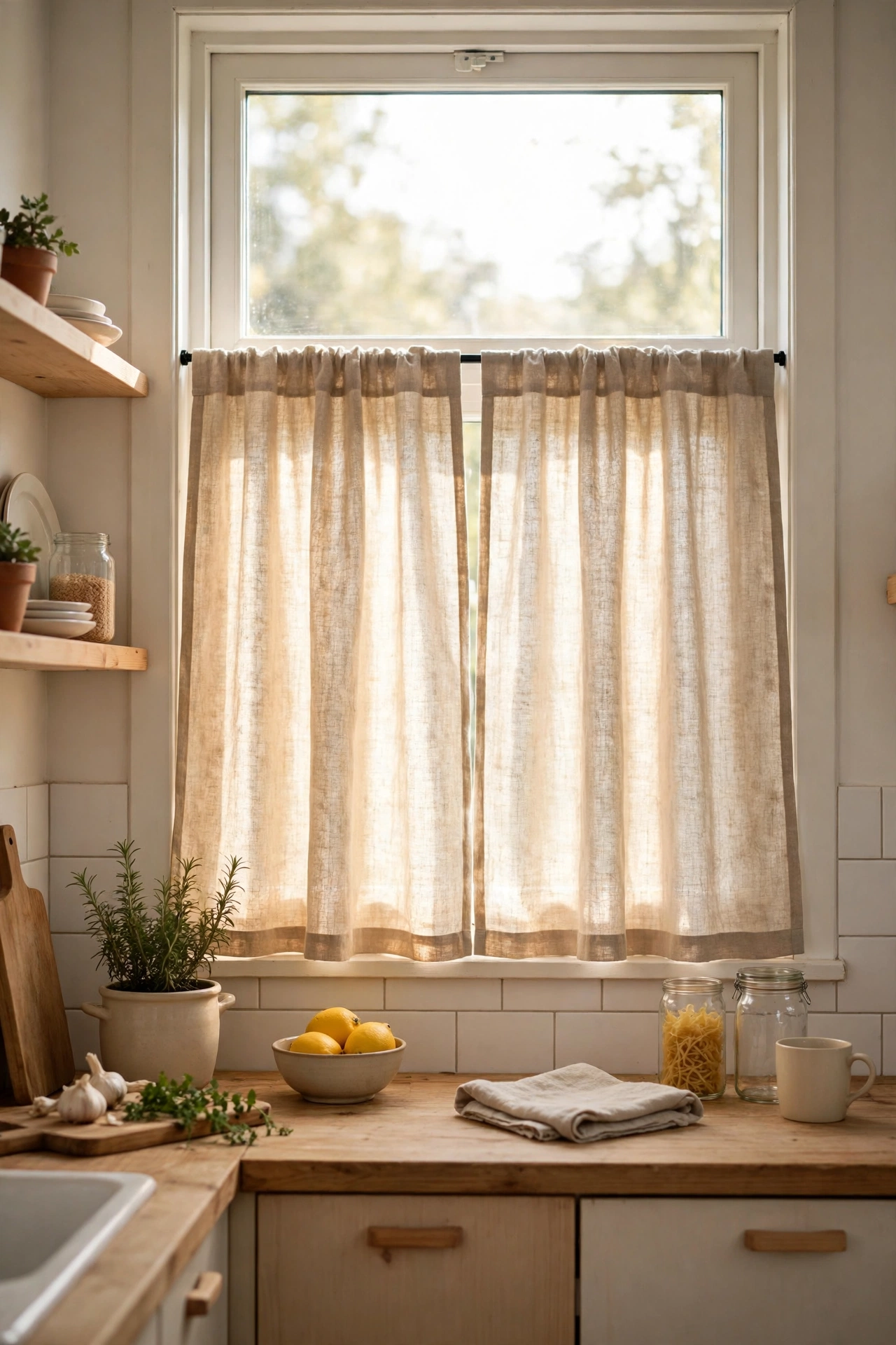 Natural linen cafe curtains on small kitchen window