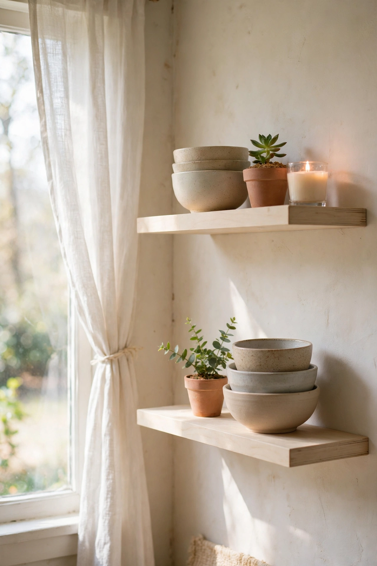 Pale wood floating shelves with bowls and plant by window