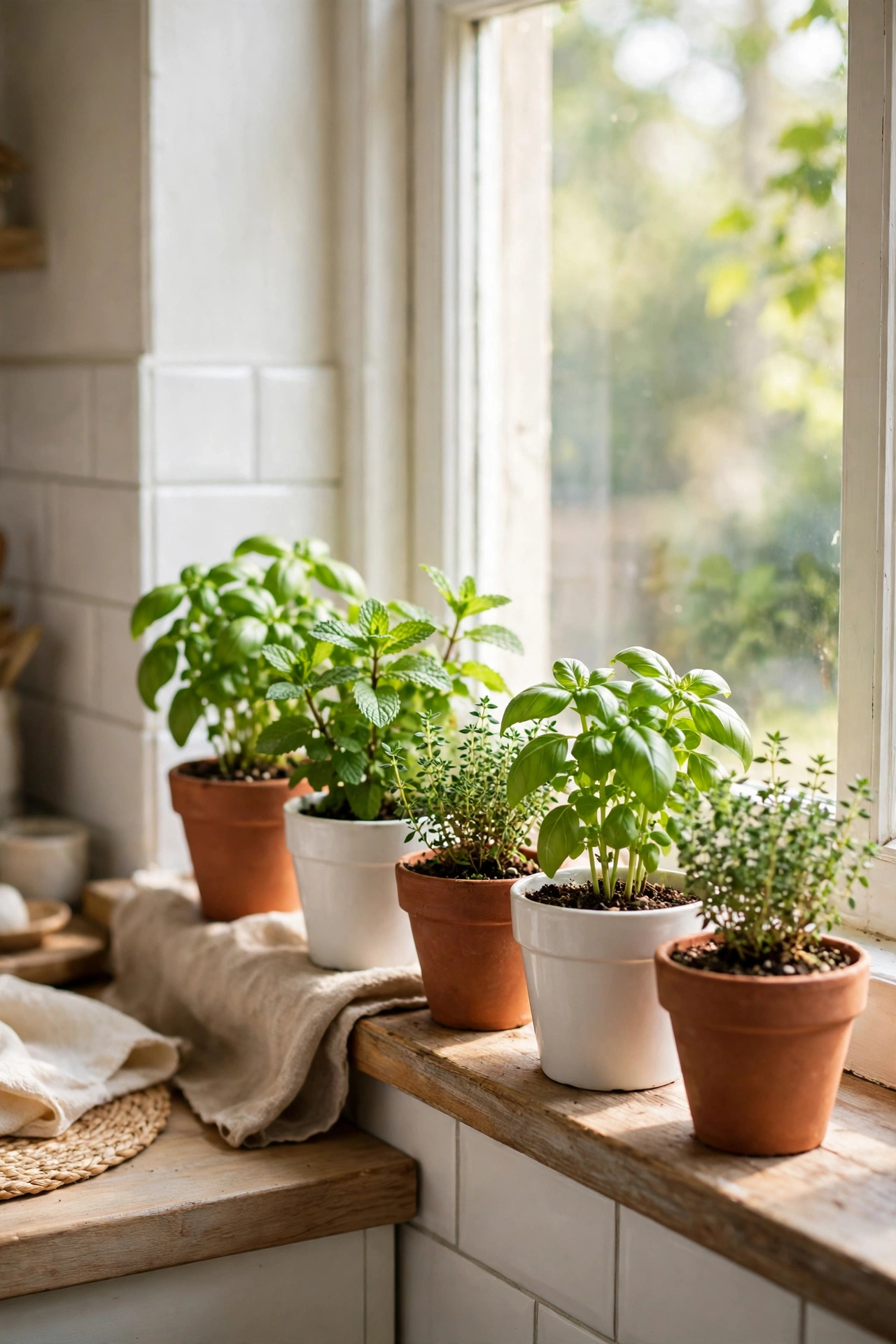 Small potted herbs on Scandinavian kitchen windowsill
