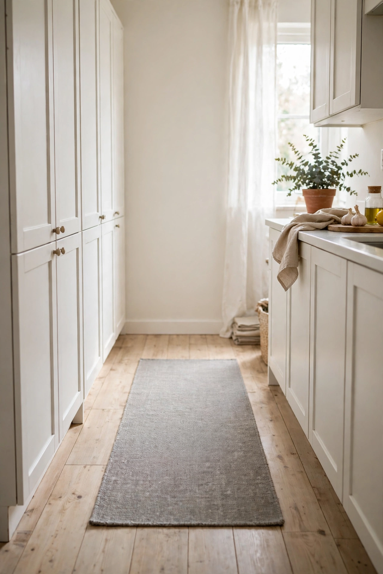 Grey flat-weave wool runner along Scandinavian kitchen floor