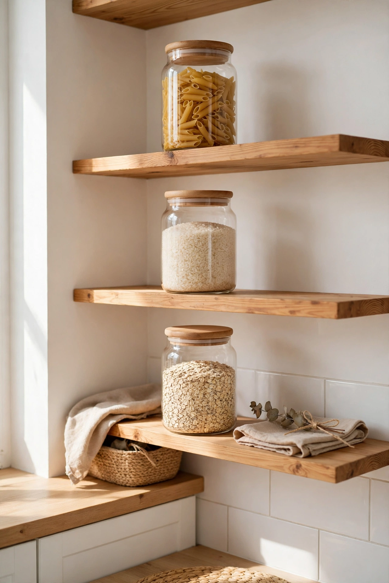 Matching glass jars of pasta and grains on open shelves