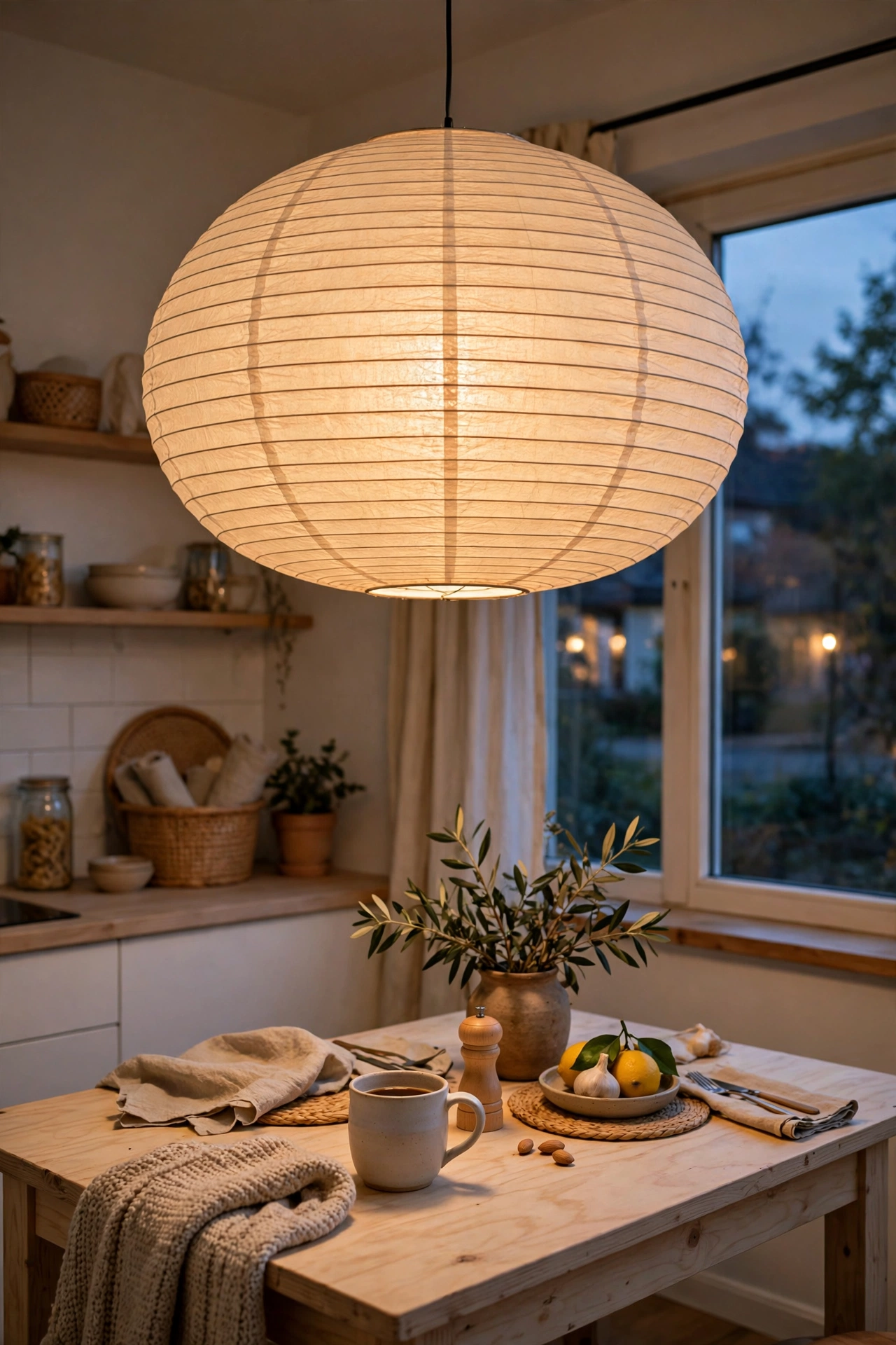 Large paper pendant shade glowing over Scandinavian kitchen