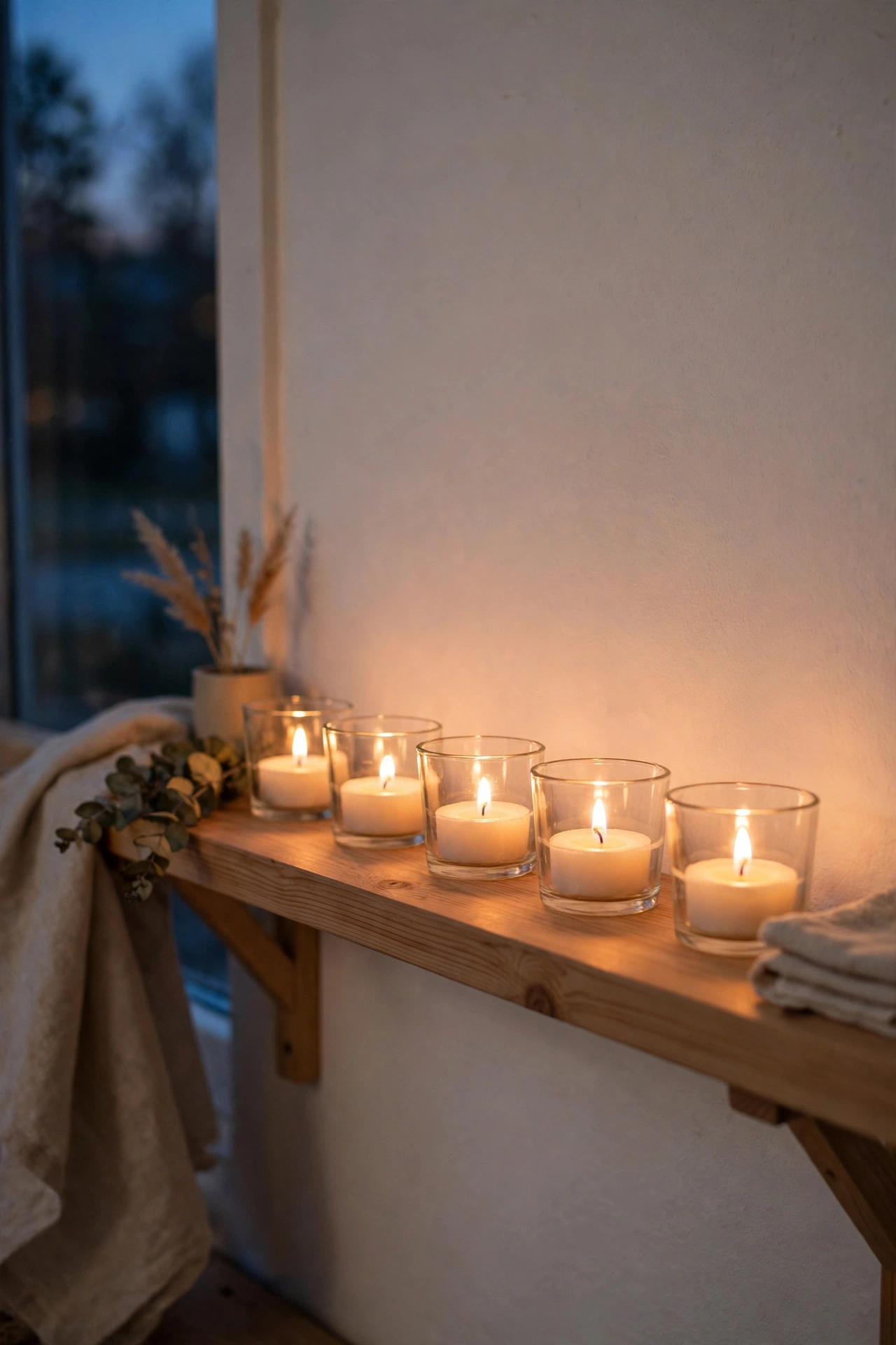Row of tea lights in glass holders along kitchen shelf