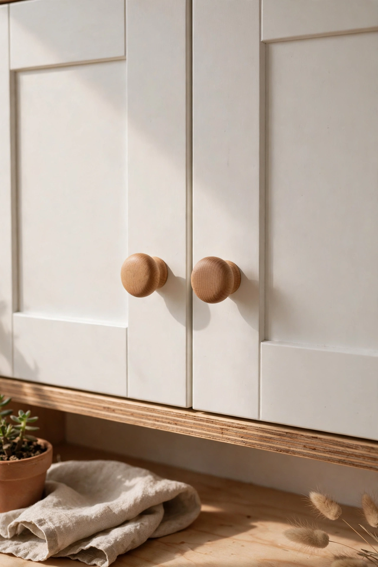White kitchen cabinets with round wooden knobs