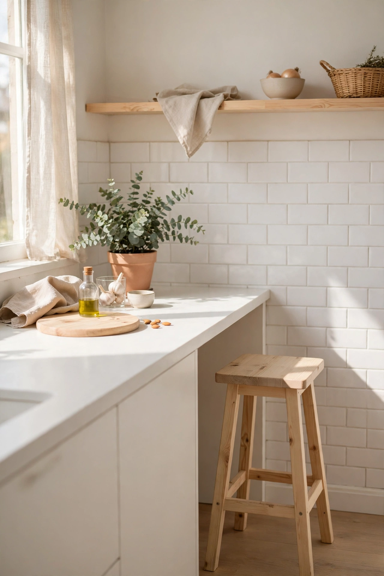 Pale pine wooden stool tucked at Scandinavian kitchen counter