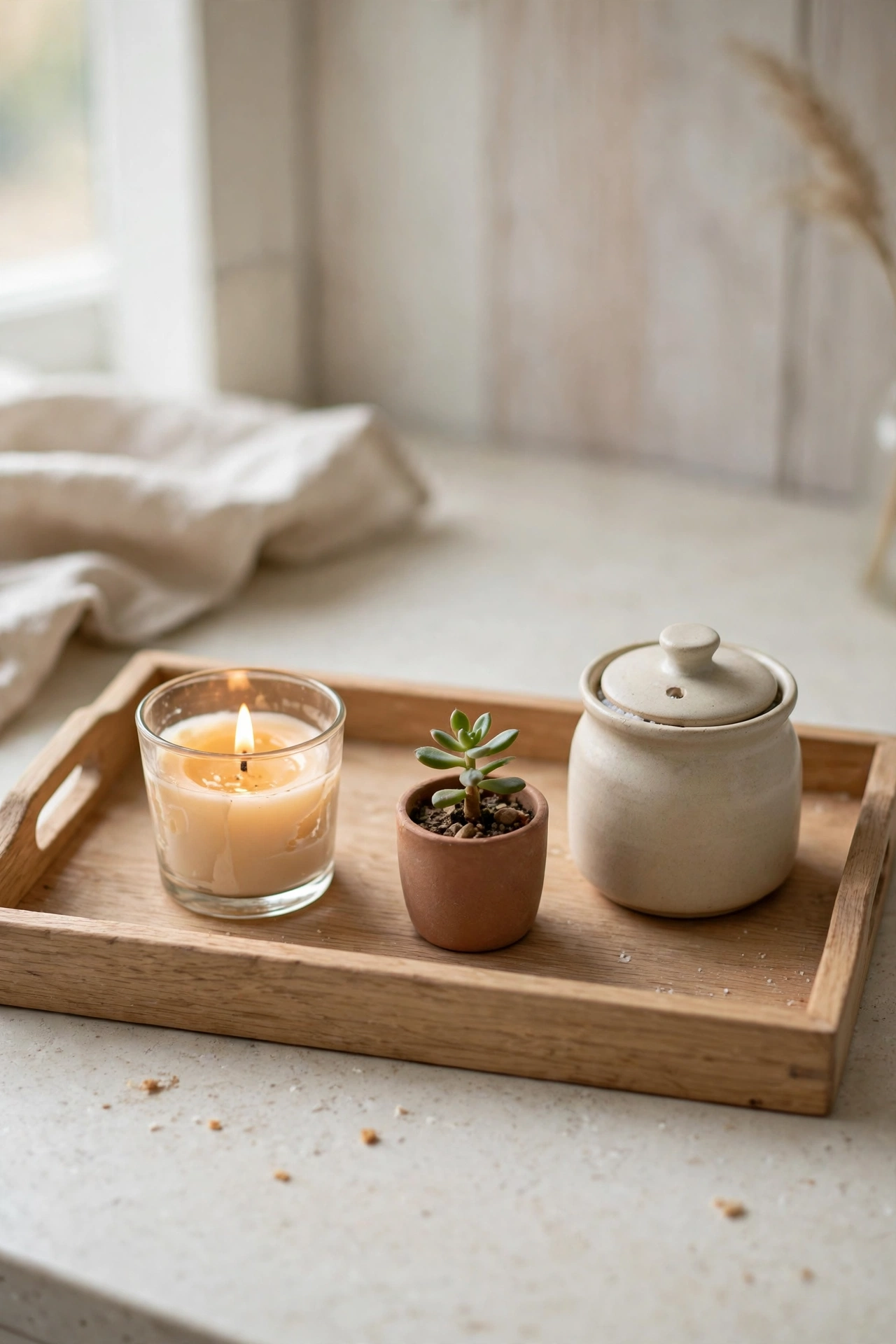 Oak serving tray with candle plant and salt cellar